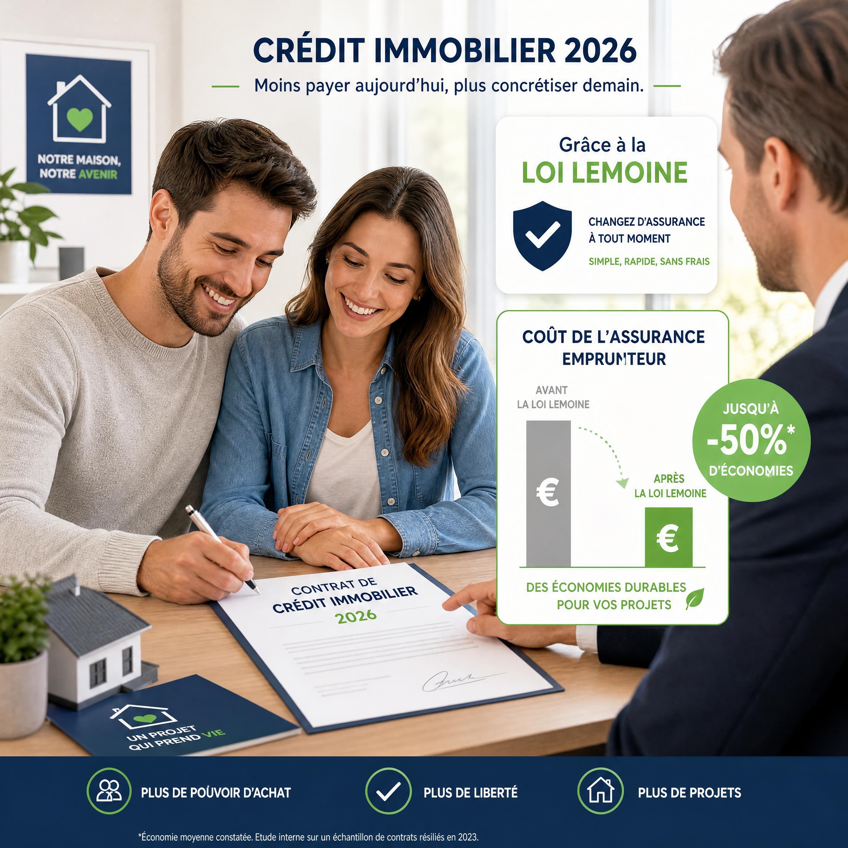 Un couple d'emprunteurs souriants signant leur contrat de crédit immobilier en 2026, illustrant la réduction du coût de l'assurance emprunteur grâce à la loi Lemoine