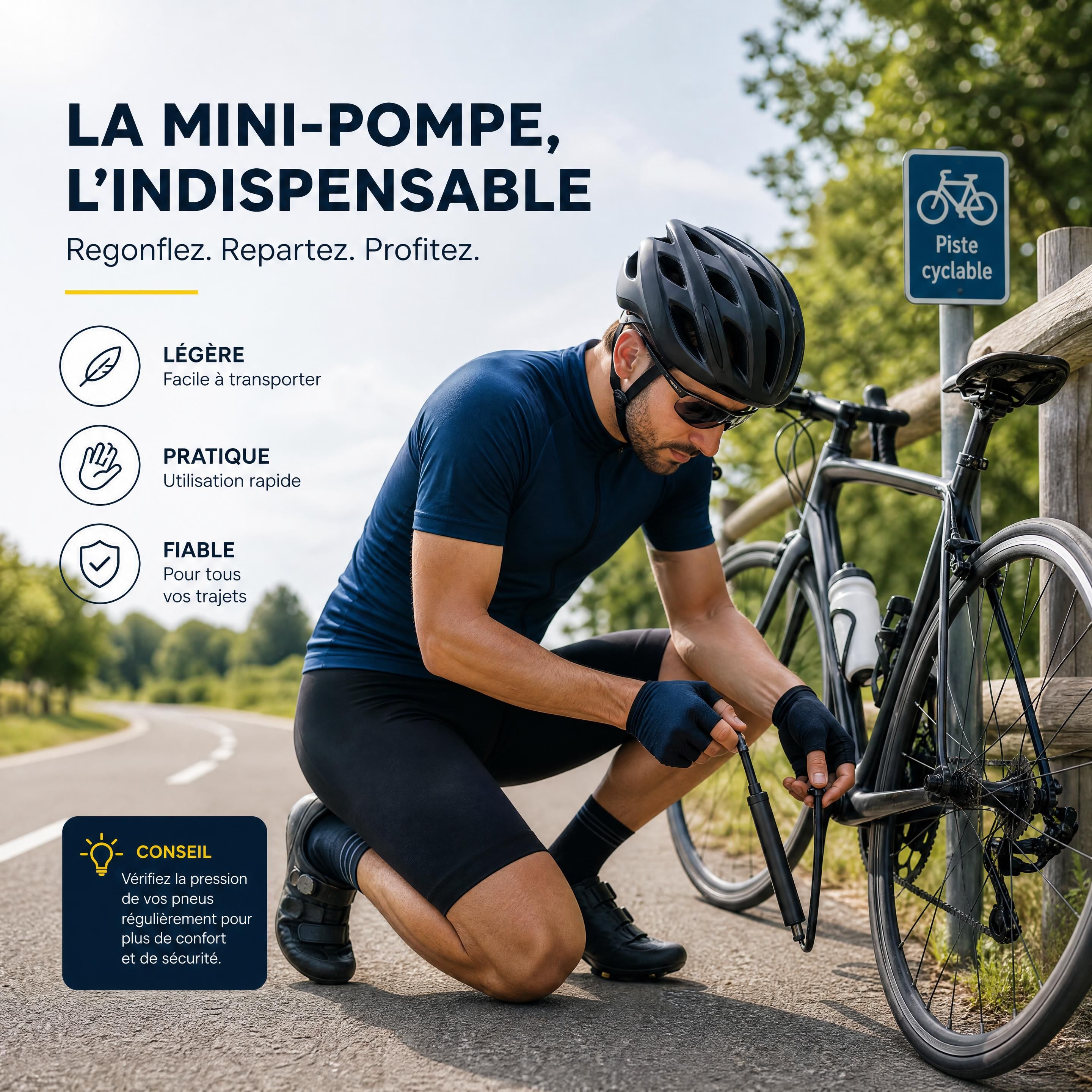 Cycliste en train d'utiliser une mini-pompe portable pour regonfler sa roue sur le bord d'une piste cyclable