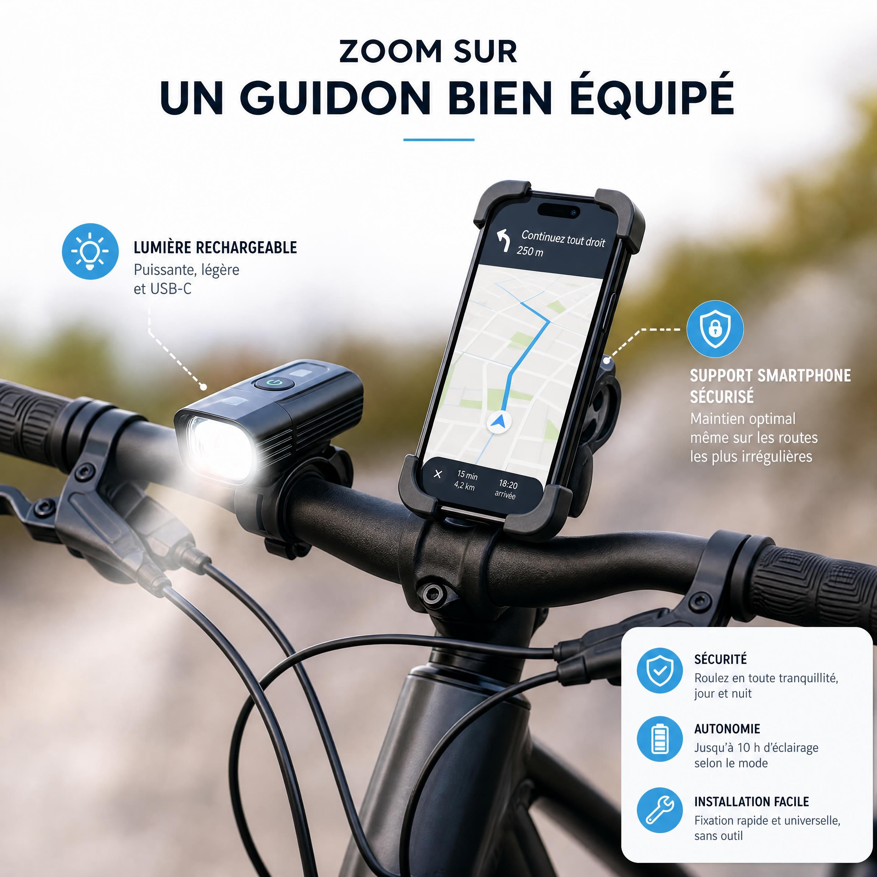 Zoom sur un guidon de vélo équipé d'une lumière rechargeable moderne et d'un support de smartphone sécurisé
