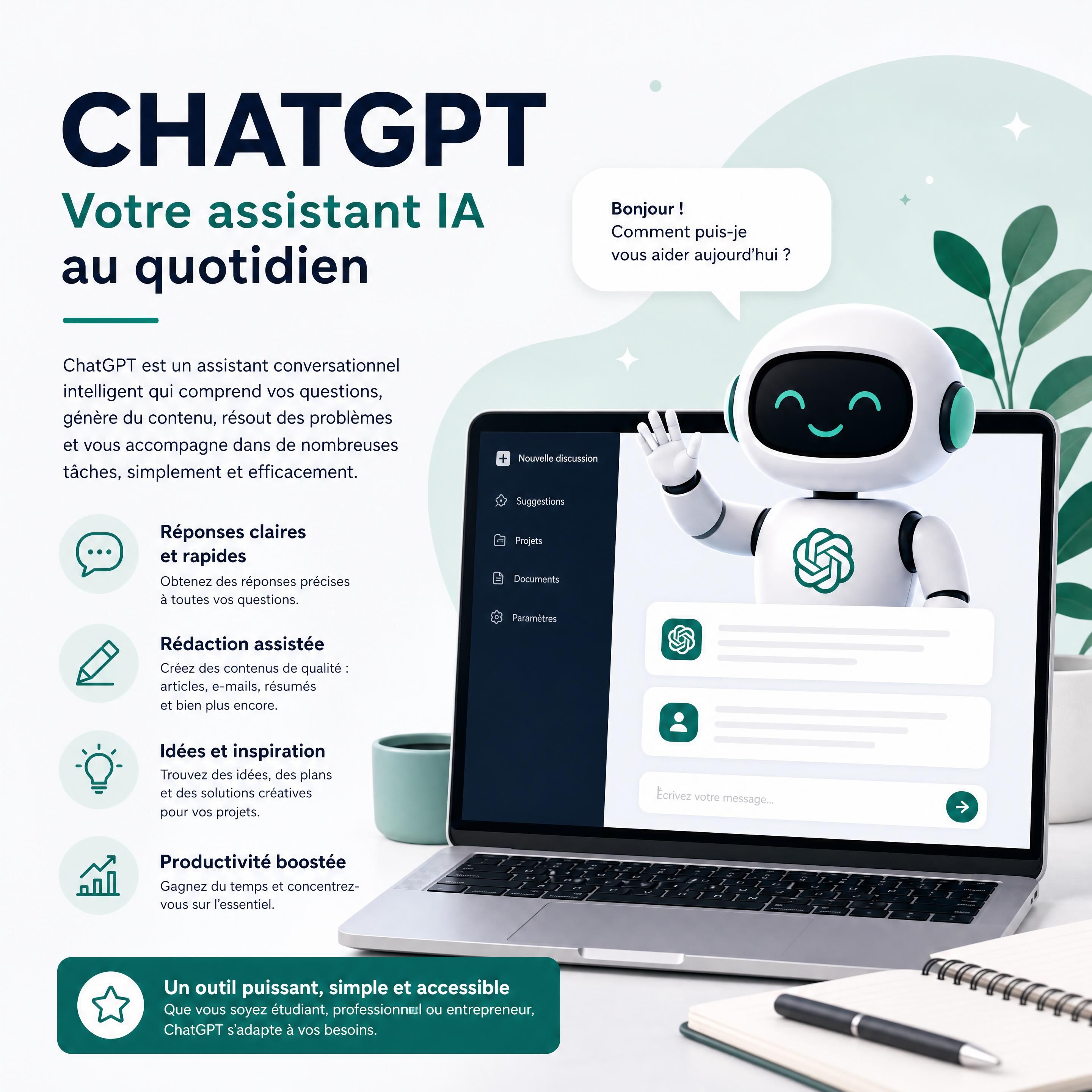 Interface moderne de ChatGPT affichant une conversation, des documents analysés et une réponse générée par intelligence artificielle