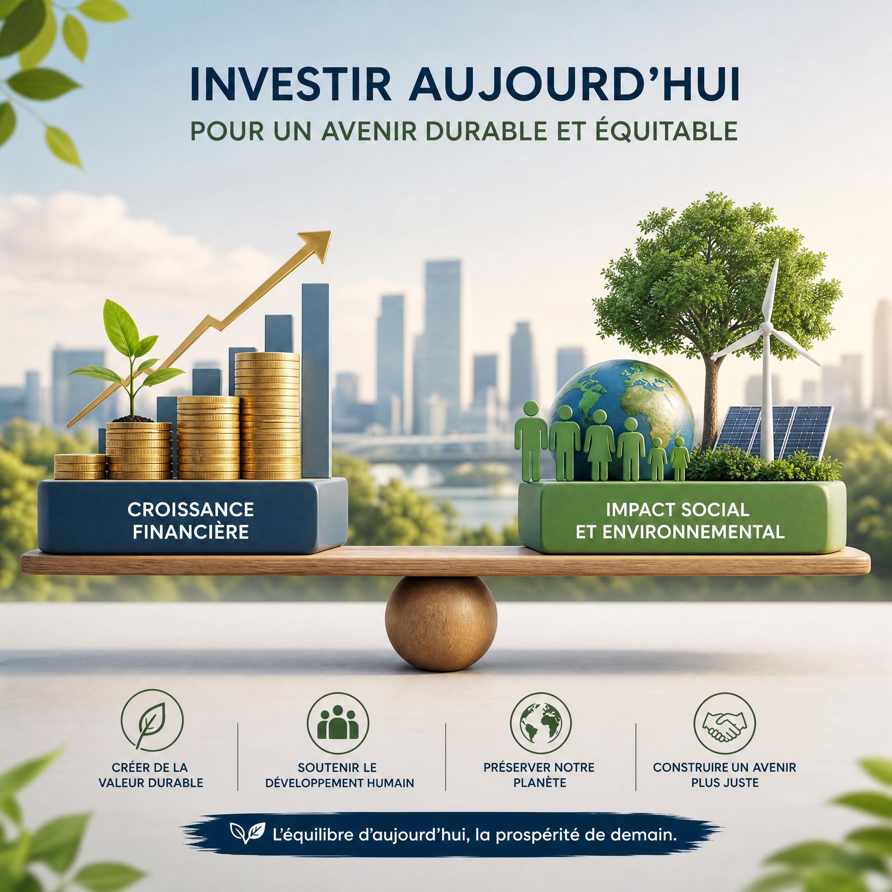 Illustration conceptuelle montrant un équilibre entre des symboles de croissance financière et des icônes représentant l'impact social et environnemental