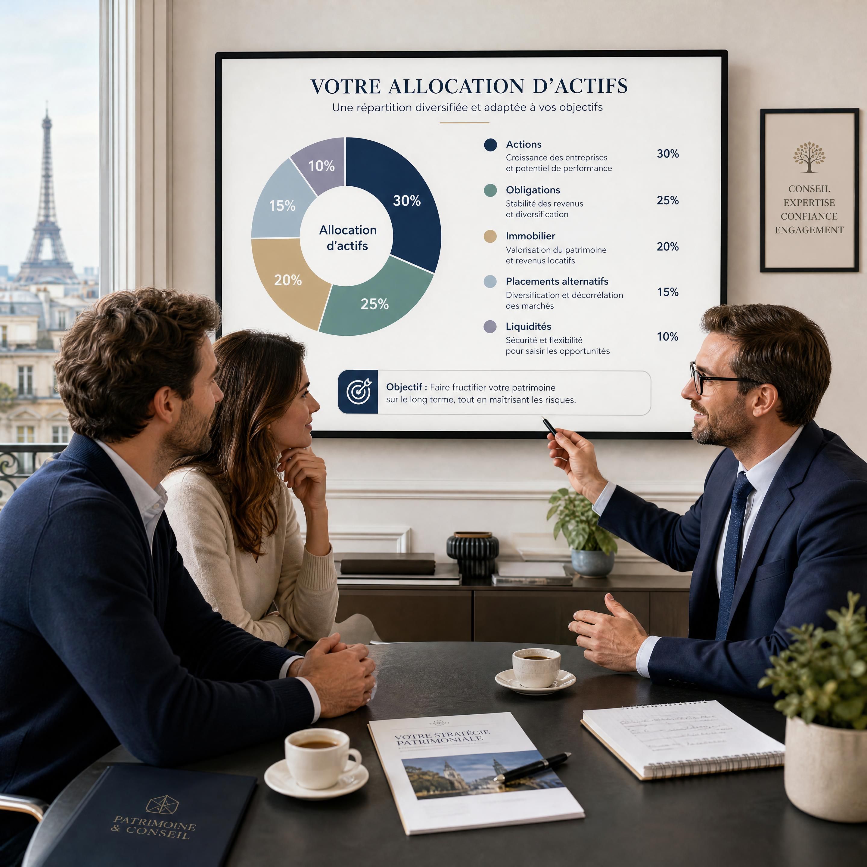 Couple parisien consultant un conseiller en gestion de patrimoine devant un tableau présentant leur allocation d’actifs