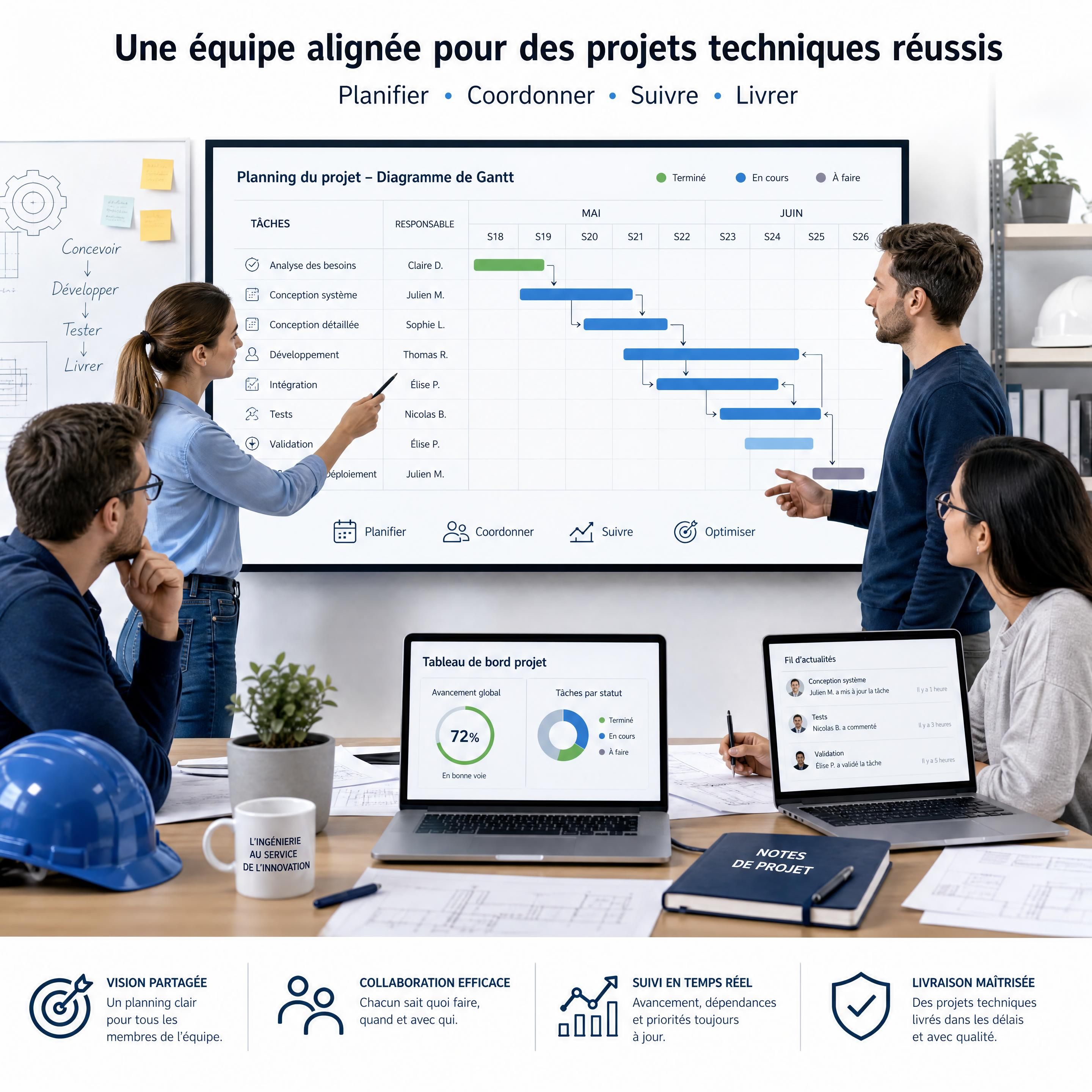 Équipe d’ingénieurs coordonnant un projet technique sur un planning de Gantt partagé