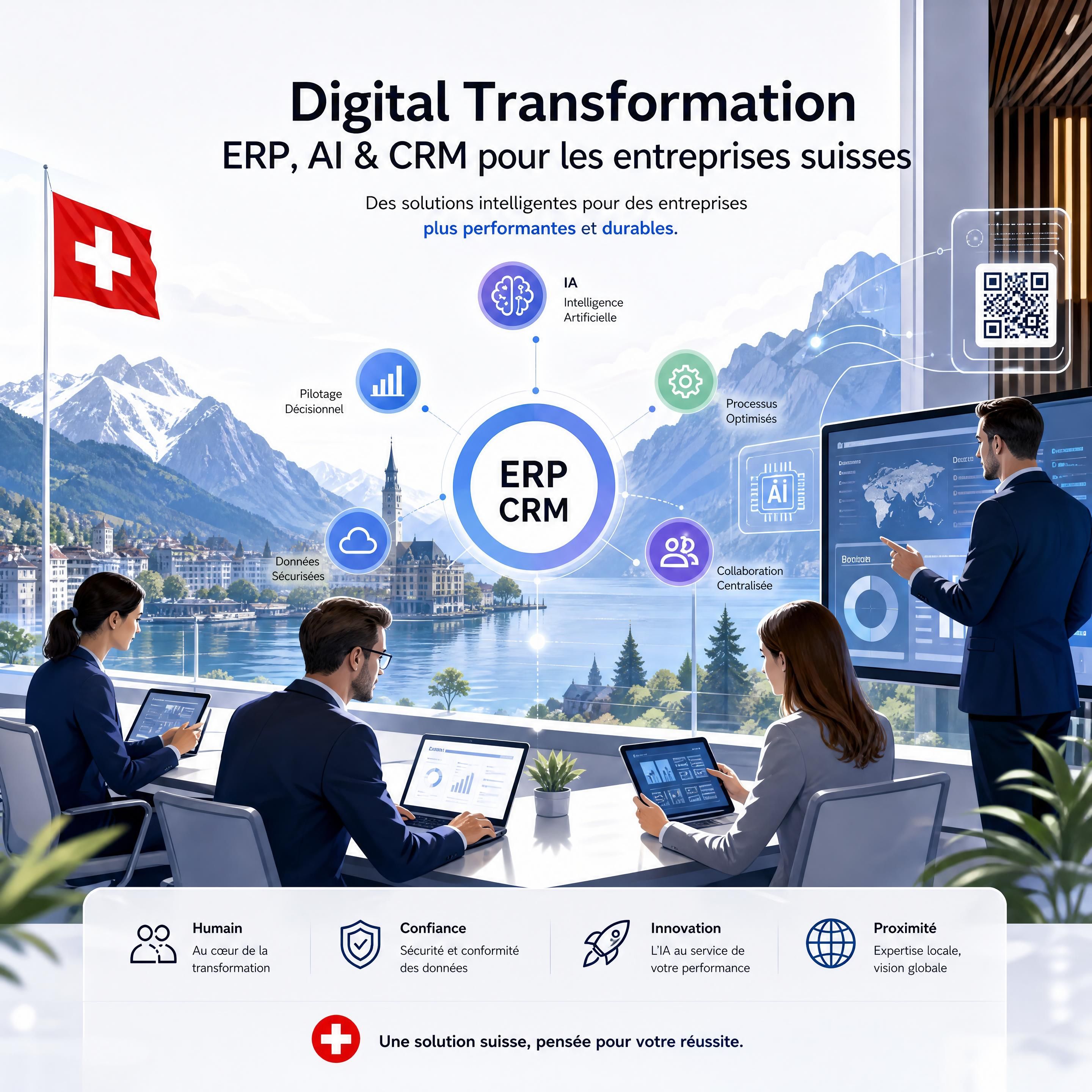 Interface moderne de l'ERP CRM Dolibarr V24 affichant le tableau de bord d'activité, le suivi des factures QR suisses et le nouveau module d'intelligence artificielle pour une PME romande