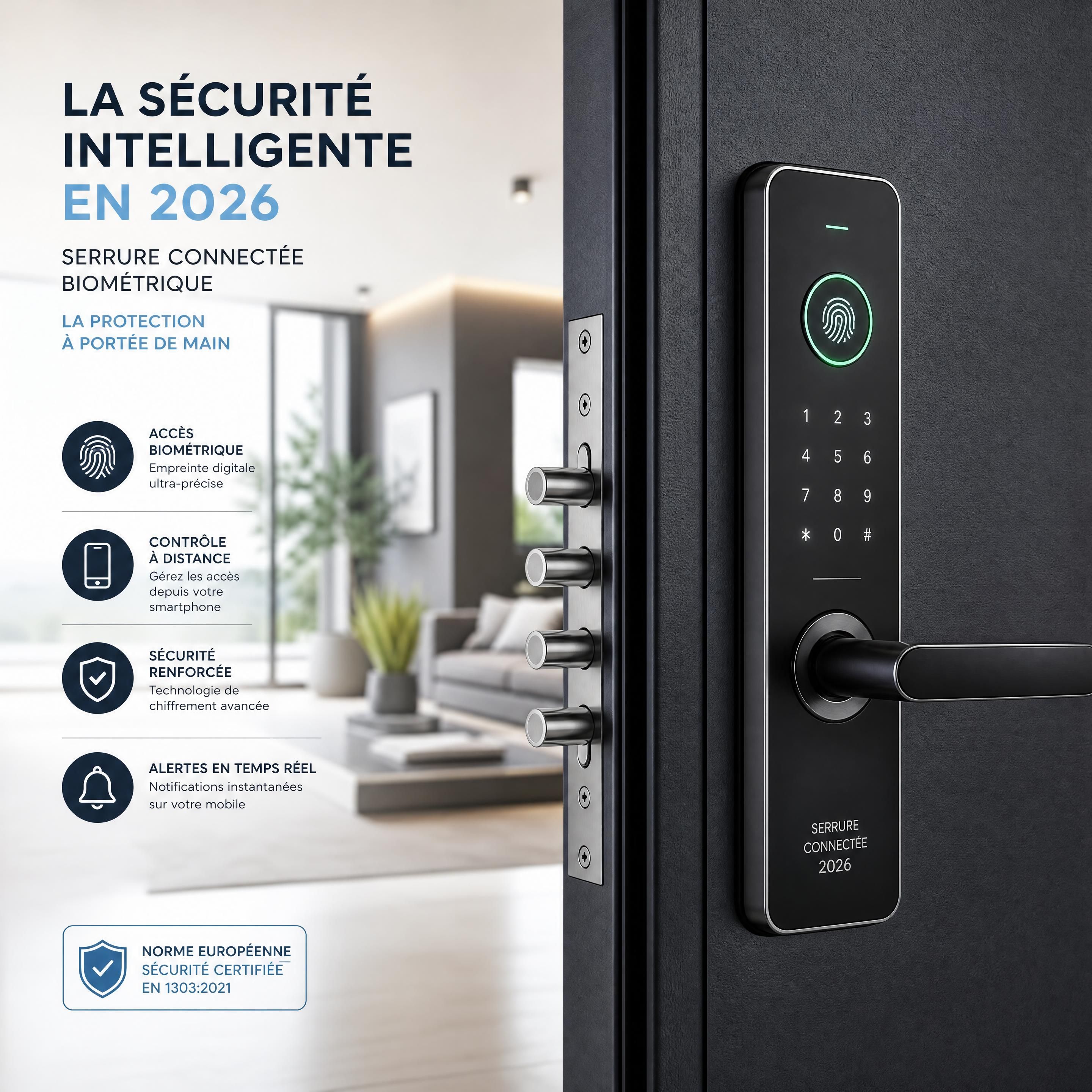 Une porte blindée moderne équipée d'une serrure connectée biométrique de dernière génération en 2026