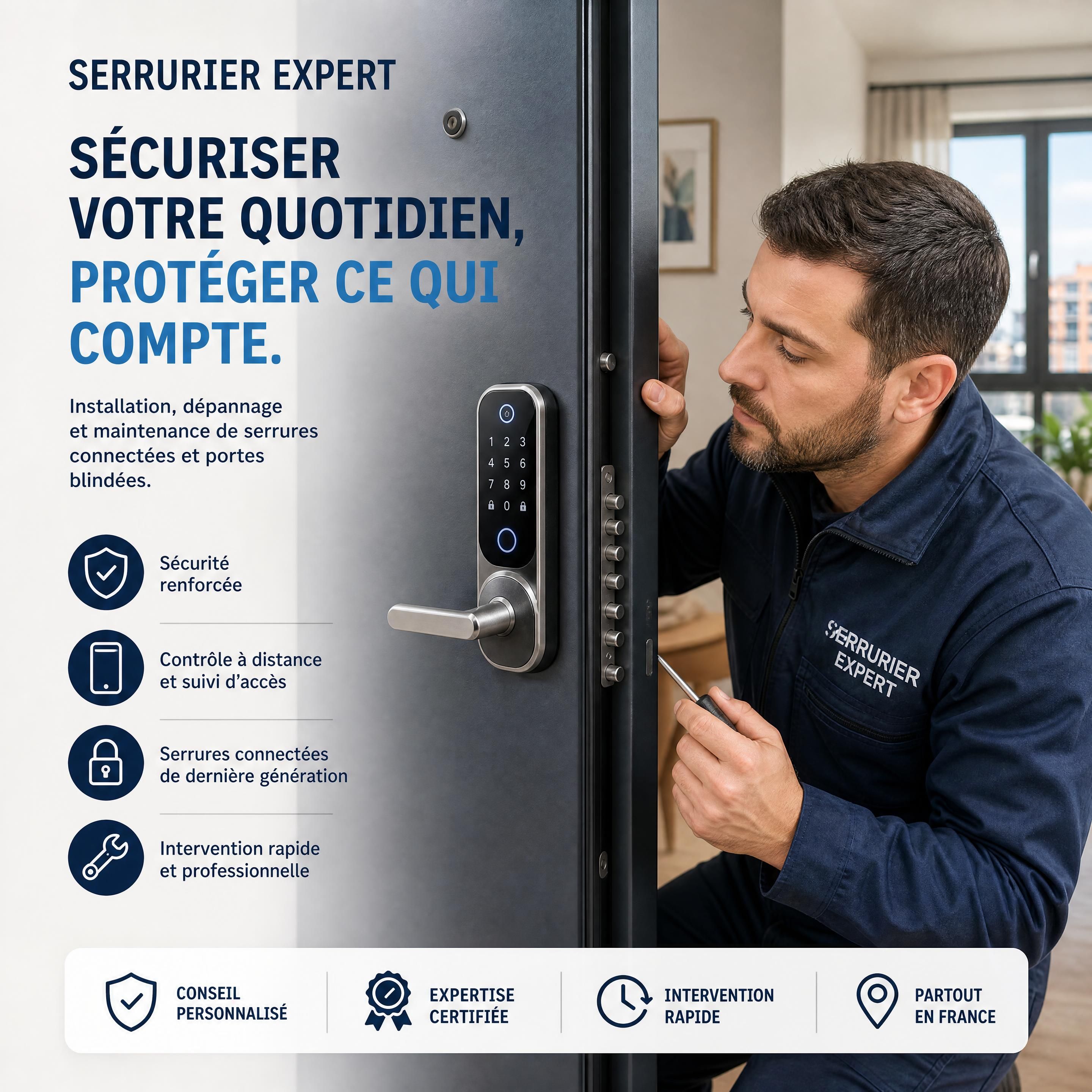 serrurier expert inspectant une porte blindée équipée d’une serrure connectée dans un logement urbain