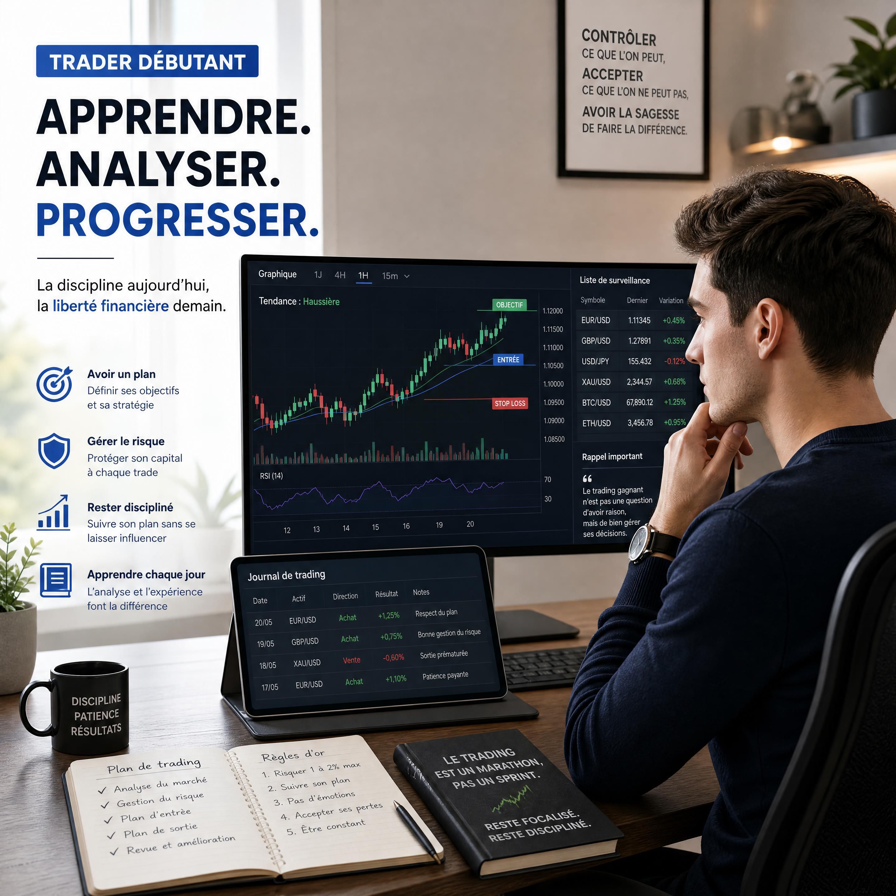 Trader débutant analysant les marchés financiers devant ses graphiques avec une attitude calme et disciplinée