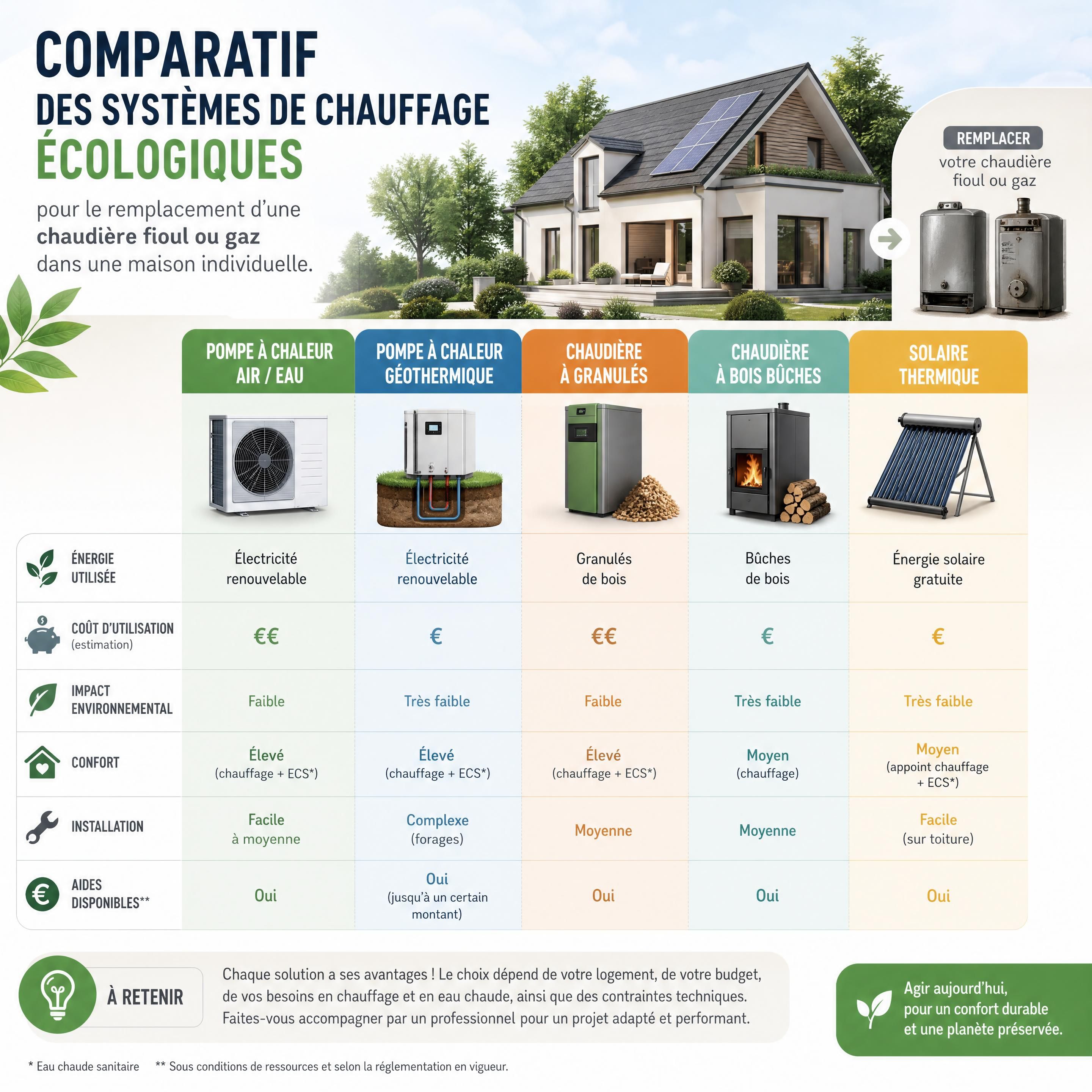 Comparatif des systèmes de chauffage écologiques pour le remplacement d'une chaudière fioul ou gaz dans une maison individuelle