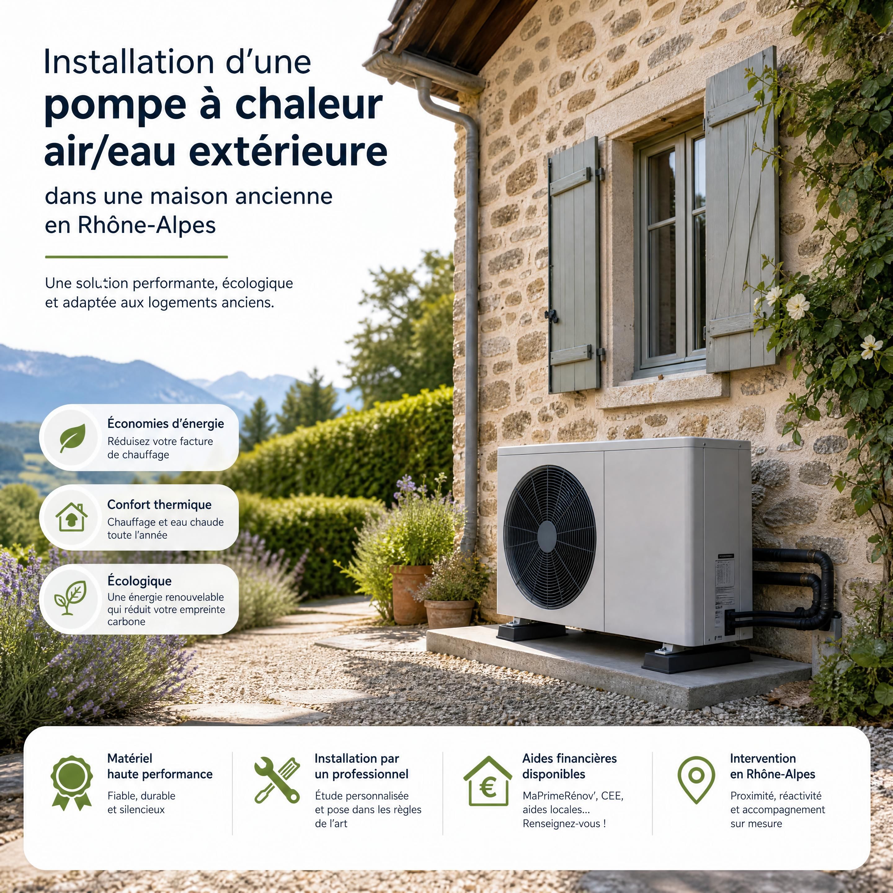 Installation d'une pompe à chaleur air/eau extérieure dans une maison ancienne en Rhône-Alpes