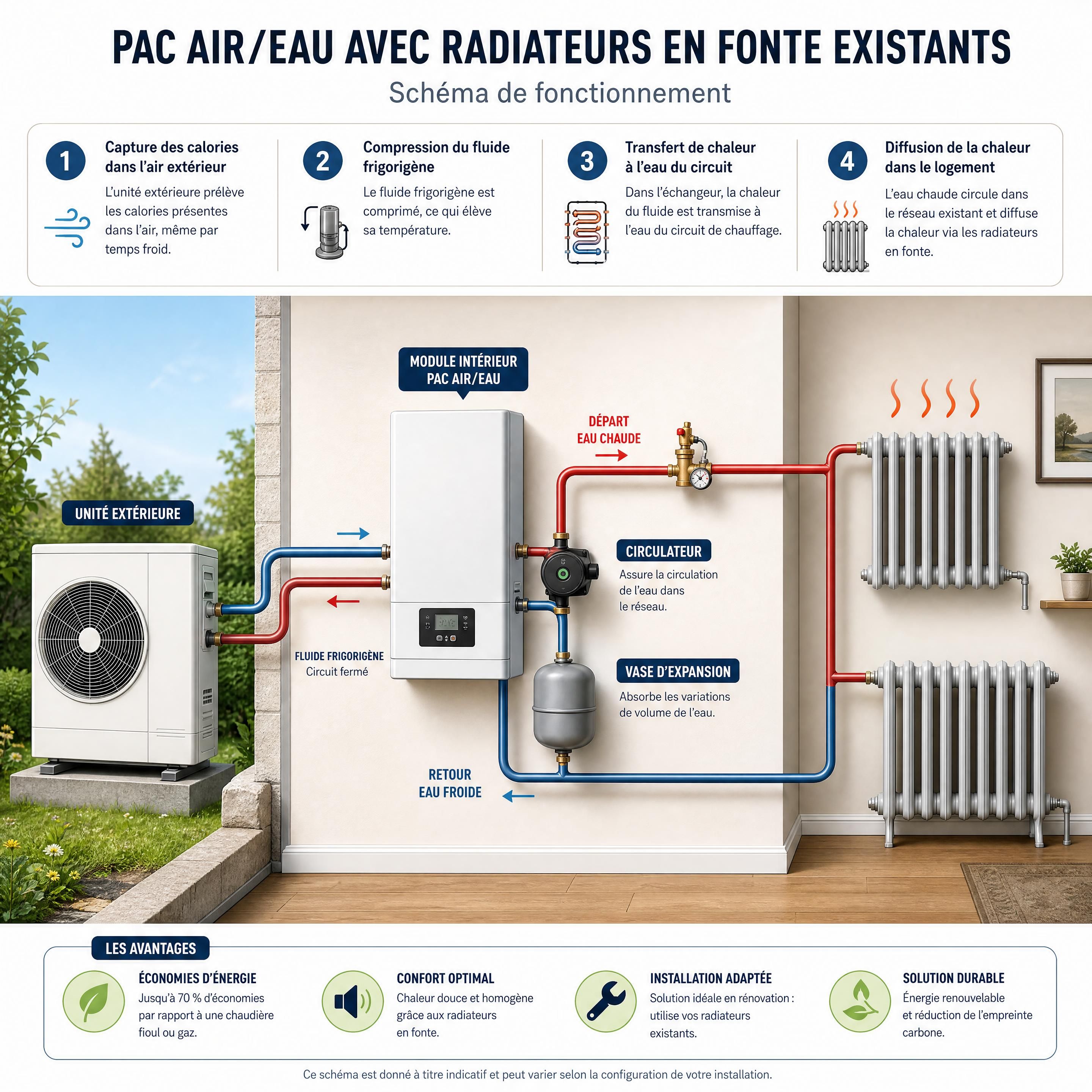 Schéma de fonctionnement d'une PAC air/eau raccordée à des radiateurs en fonte existants