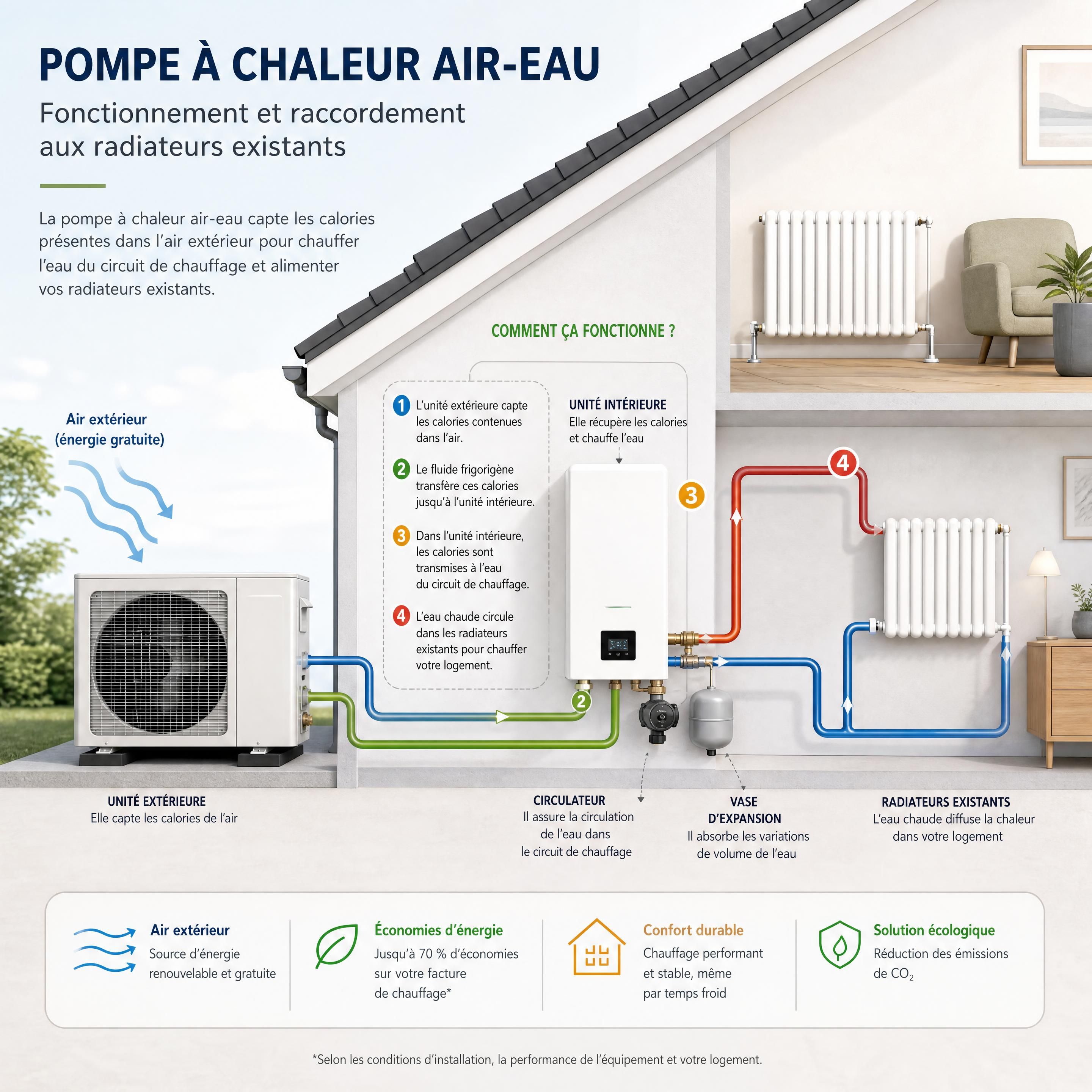Schéma technique simplifié montrant le fonctionnement d'une pompe à chaleur air-eau et son raccordement aux radiateurs existants d'une maison