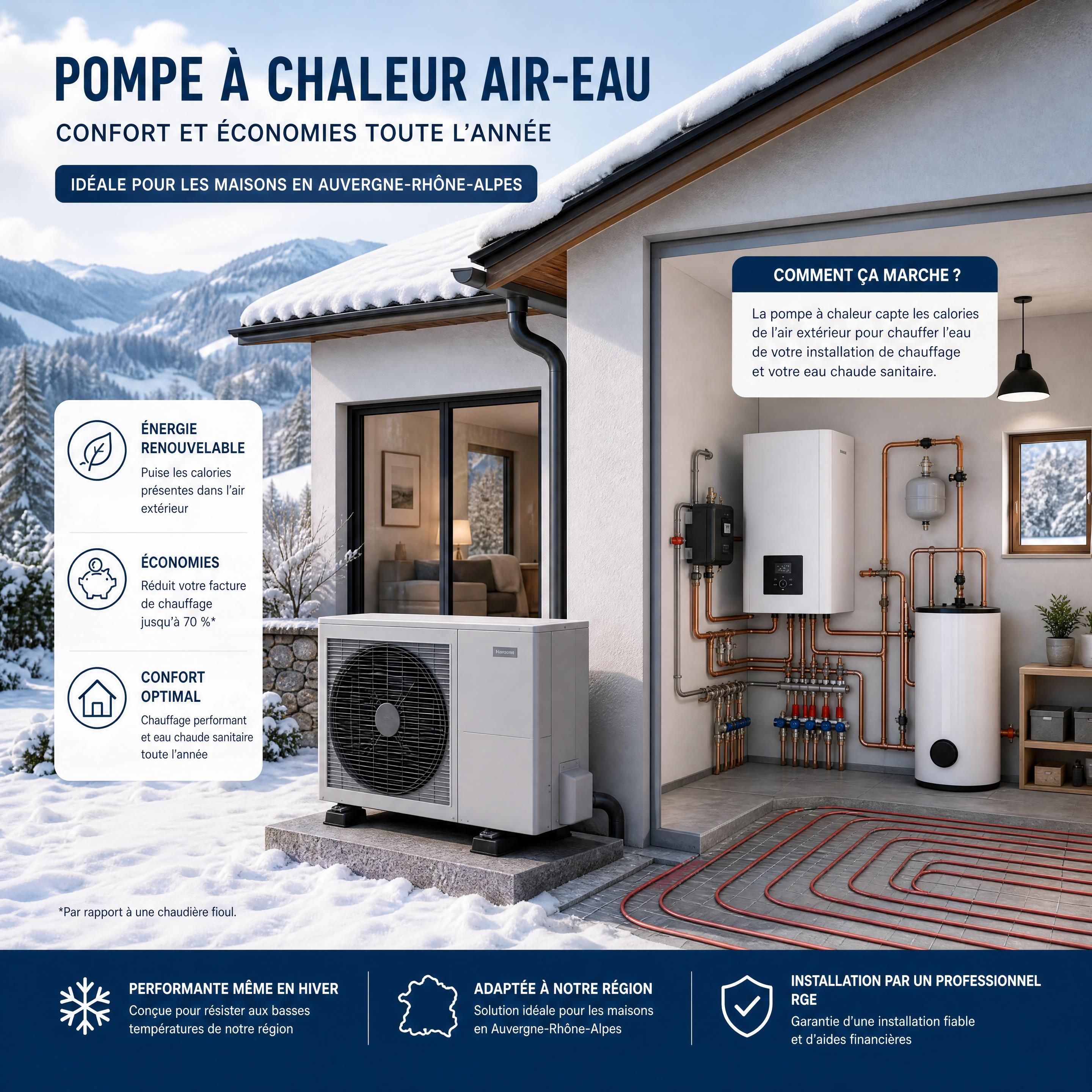 Illustration d'une installation moderne de pompe à chaleur air-eau dans une maison individuelle en Auvergne-Rhône-Alpes sous un climat hivernal