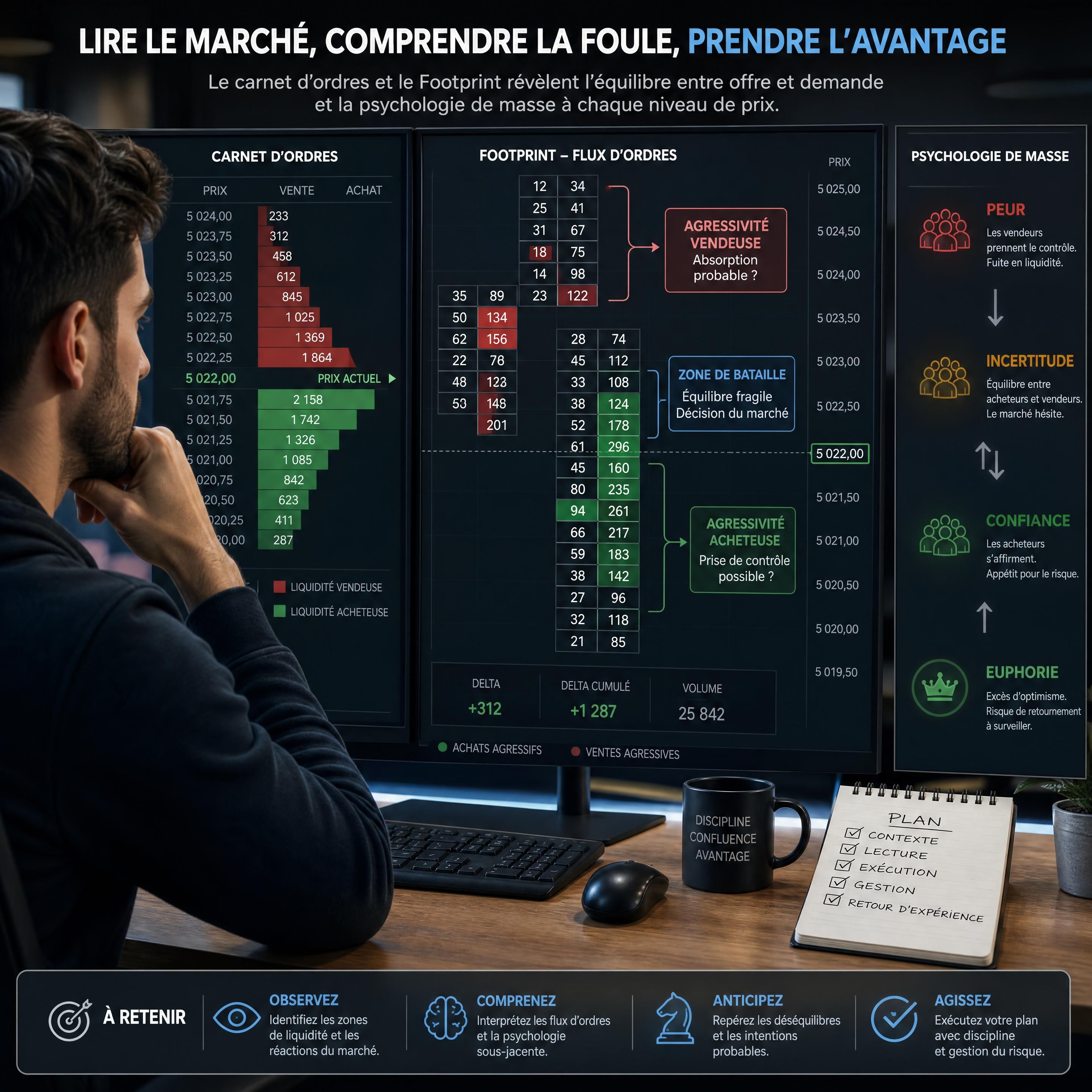Trader analysant un carnet d’ordres et un graphique Footprint illustrant la psychologie de masse en trading