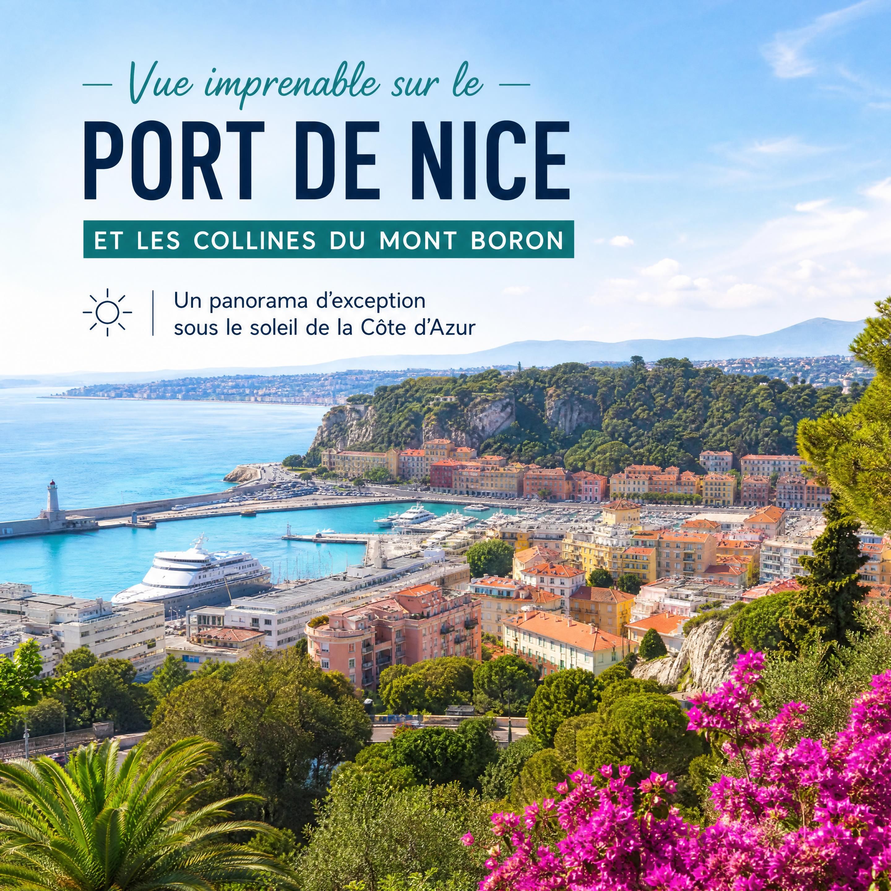 Vue panoramique imprenable sur le Port de Nice et les collines verdoyantes du Mont Boron sous le soleil de la Côte d'Azur