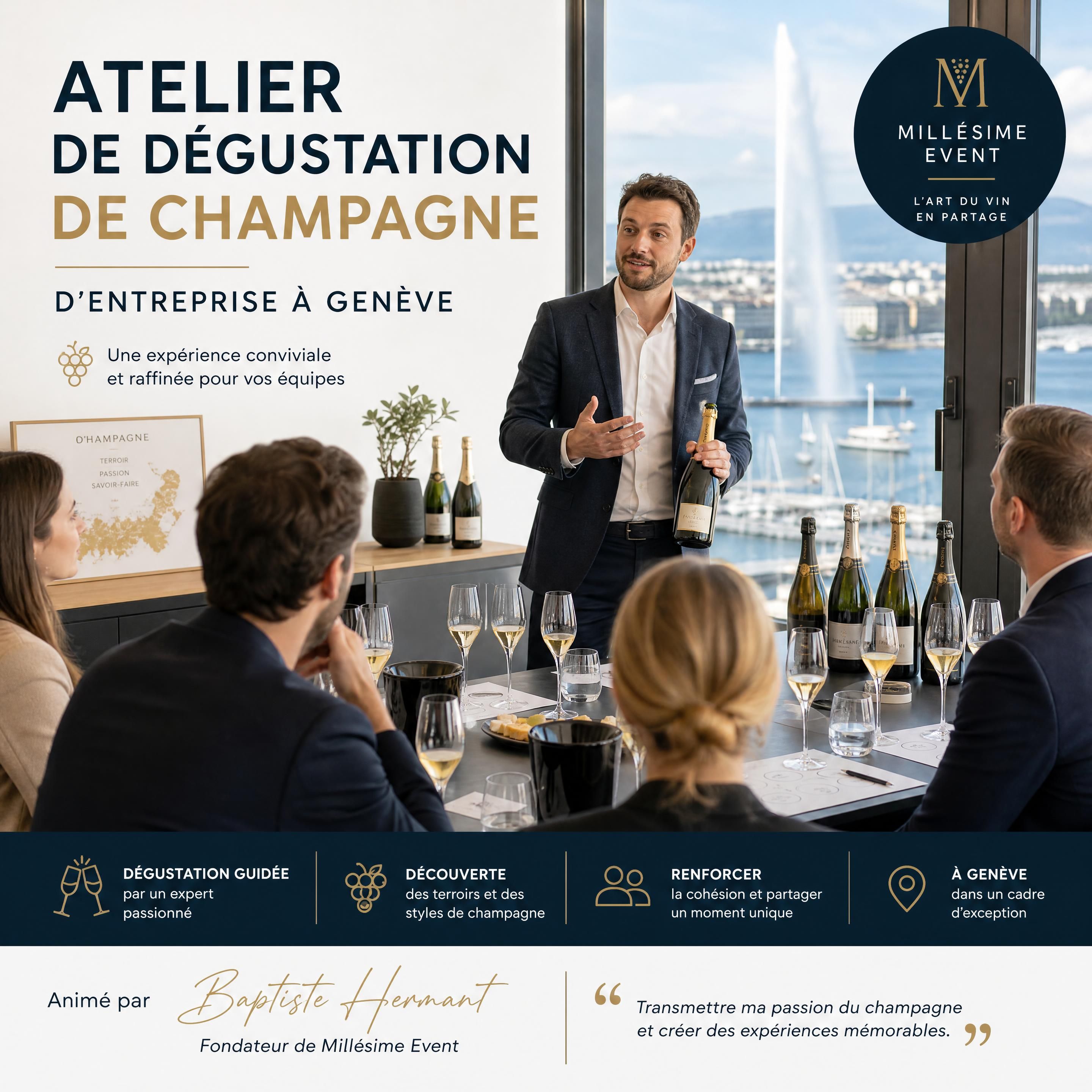 Atelier de dégustation de champagne d'entreprise à Genève animé par Baptiste Hermant de Millésime Event