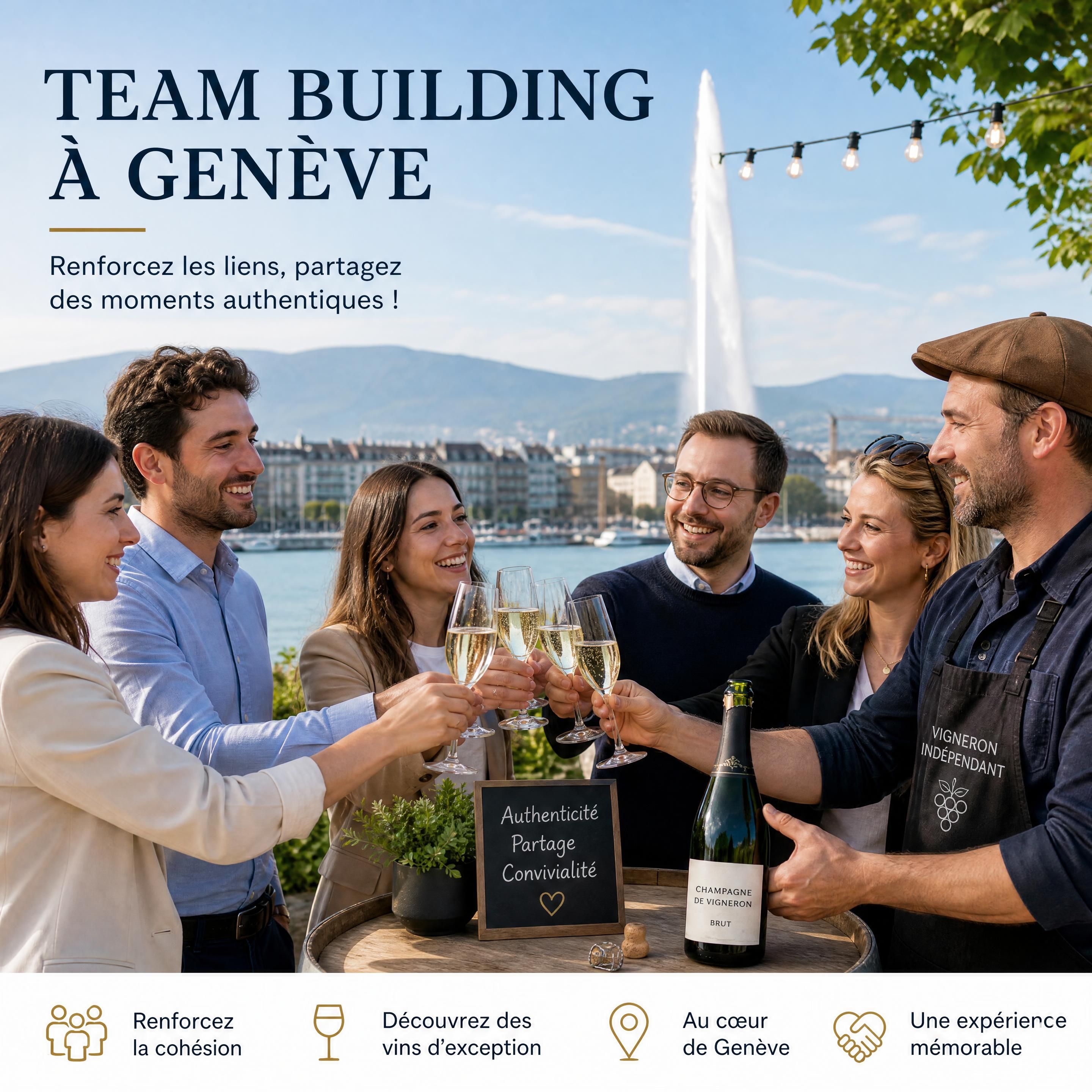 Équipe de collaborateurs souriants trinquant avec des flûtes de champagne de vigneron indépendant lors d'un team building à Genève
