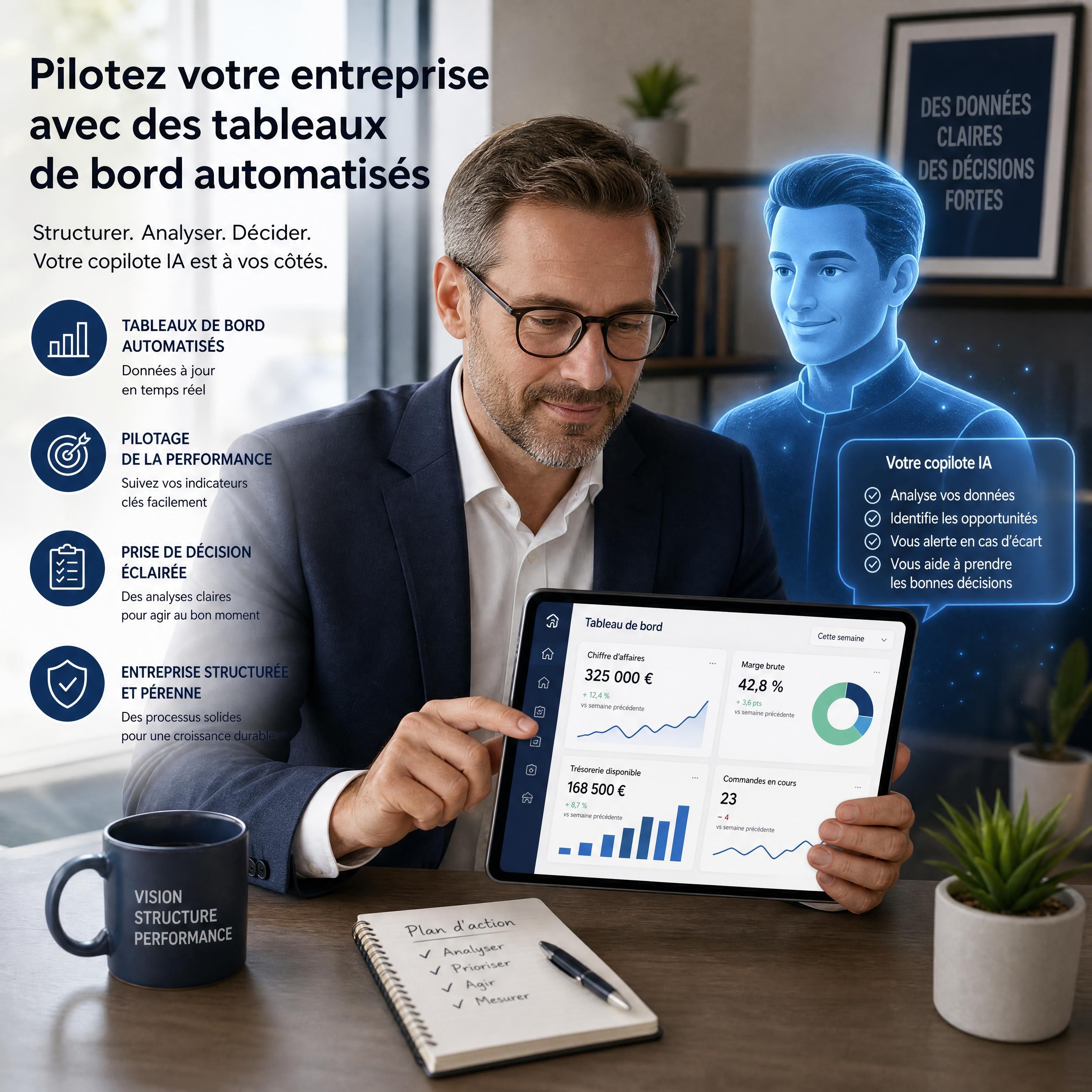 Un dirigeant de PME analysant des tableaux de bord automatisés sur sa tablette avec un copilote IA en arrière-plan symbolisant la structuration et le pilotage d'entreprise