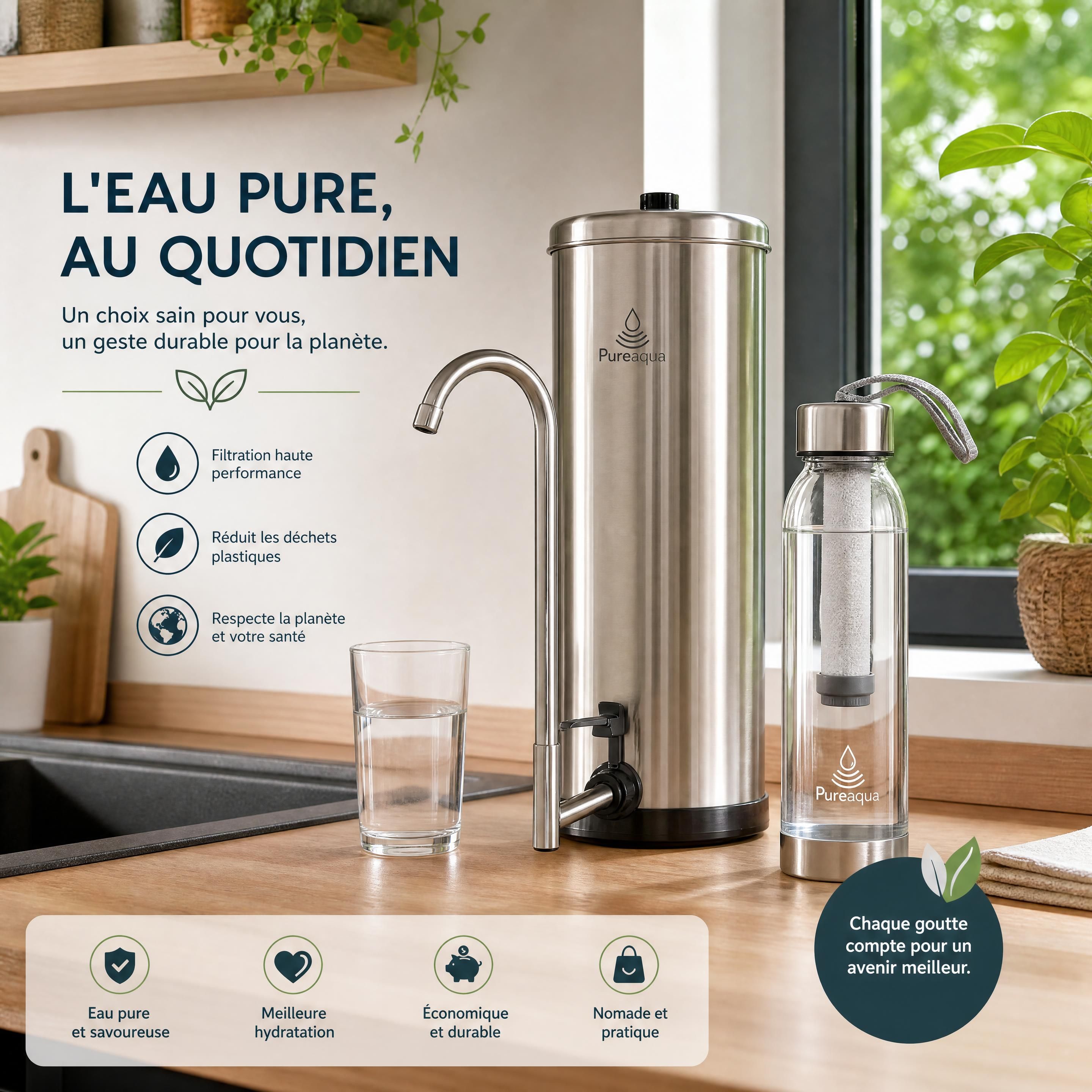Un système de filtration d'eau sur-évier en acier inoxydable posé élégamment sur un comptoir de cuisine en bois à côté d'une gourde filtrante nomade, symbolisant la pureté de l'eau et un mode de vie écologique