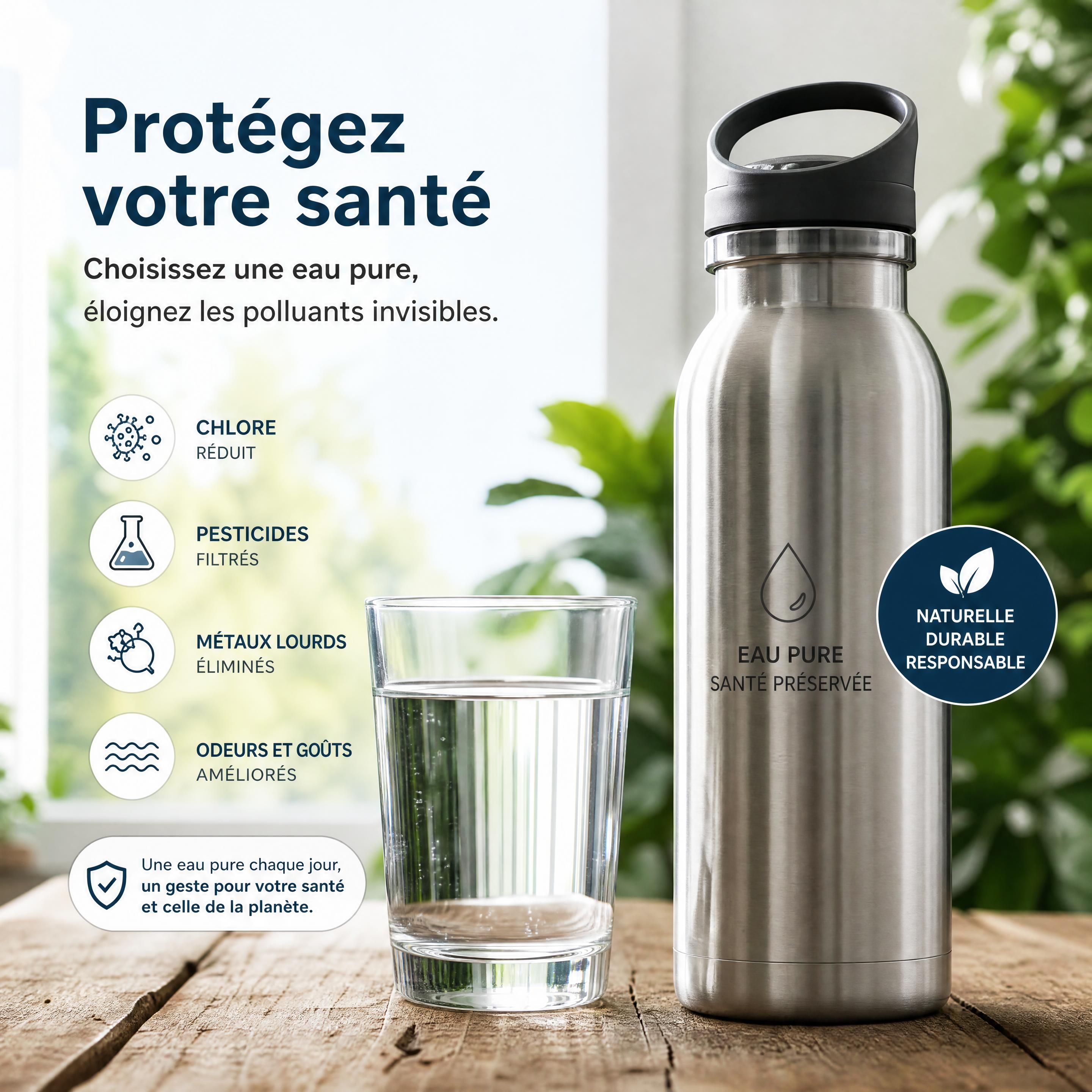 Un verre d'eau pure et cristalline posé sur une table en bois rustique à côté d'une gourde filtrante en inox, symbolisant la protection de la santé naturelle face aux polluants invisibles