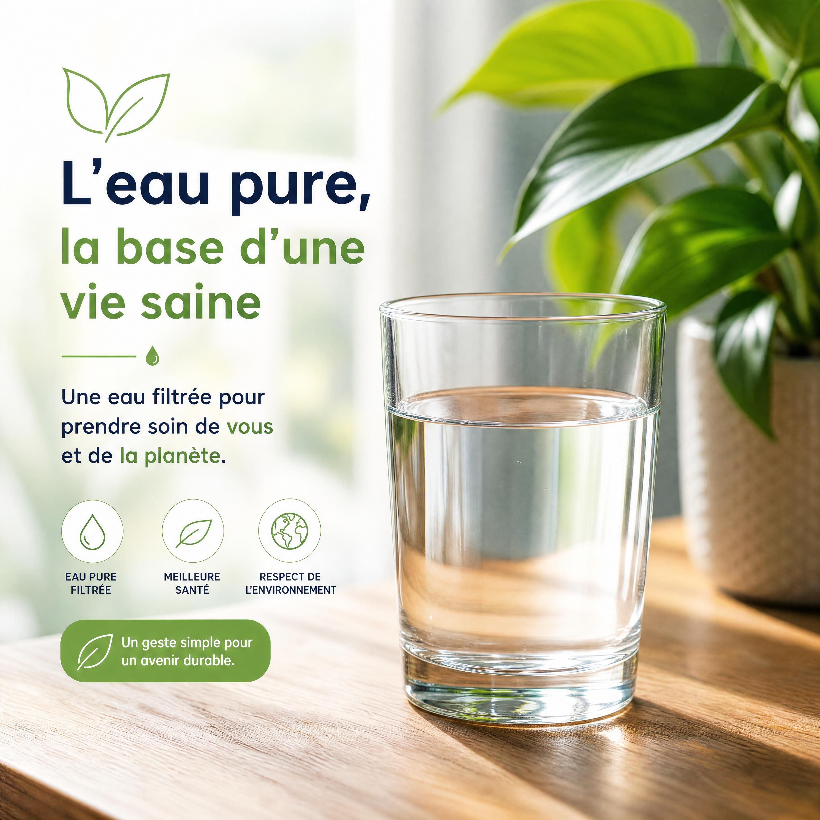 Un verre d'eau pure filtrée posé sur une table en bois avec une plante verte en arrière-plan, symbolisant la santé naturelle et l'écologie