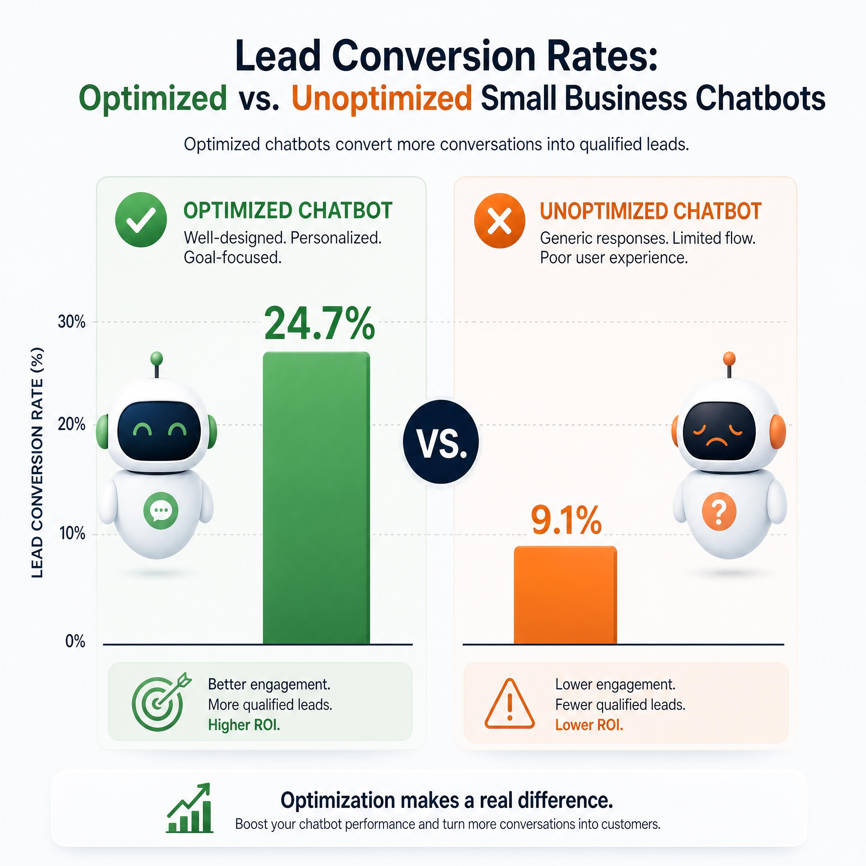 A comparison chart showing the lead conversion rates of optimized vs unoptimized small business chatbots