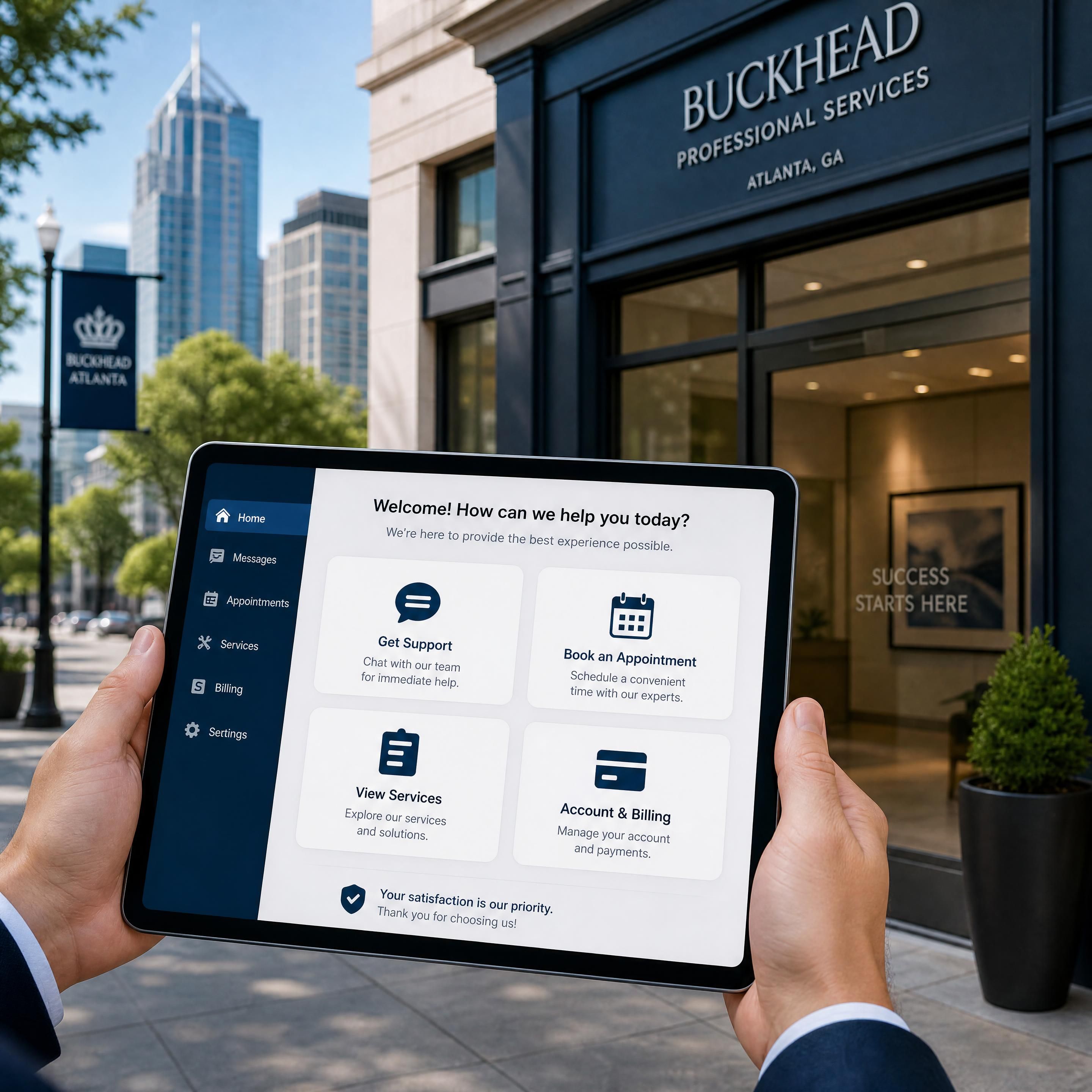 A professional Atlanta business storefront in Buckhead showing a digital tablet with a modern customer service interface