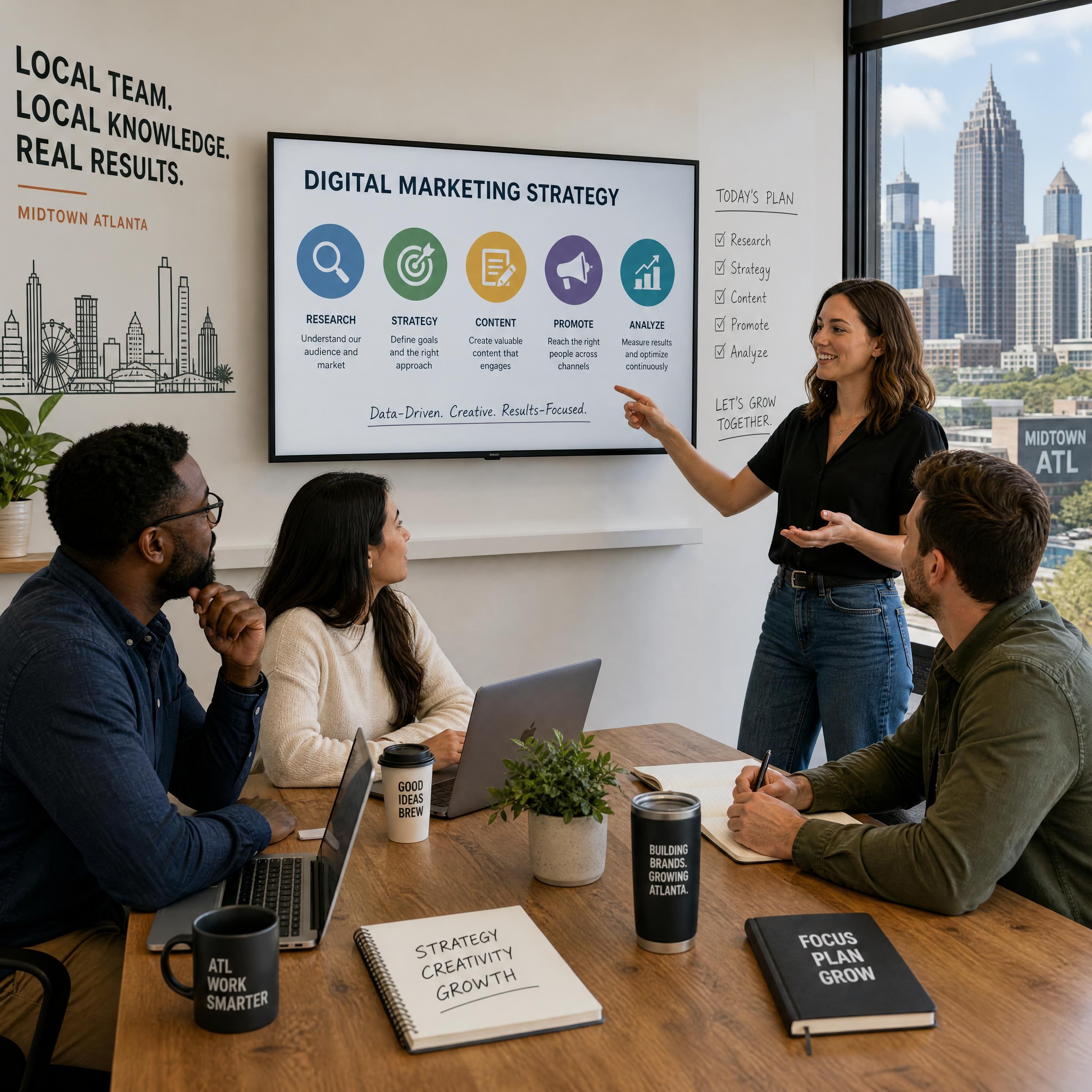 A local Atlanta team in Midtown collaborating on a digital marketing strategy