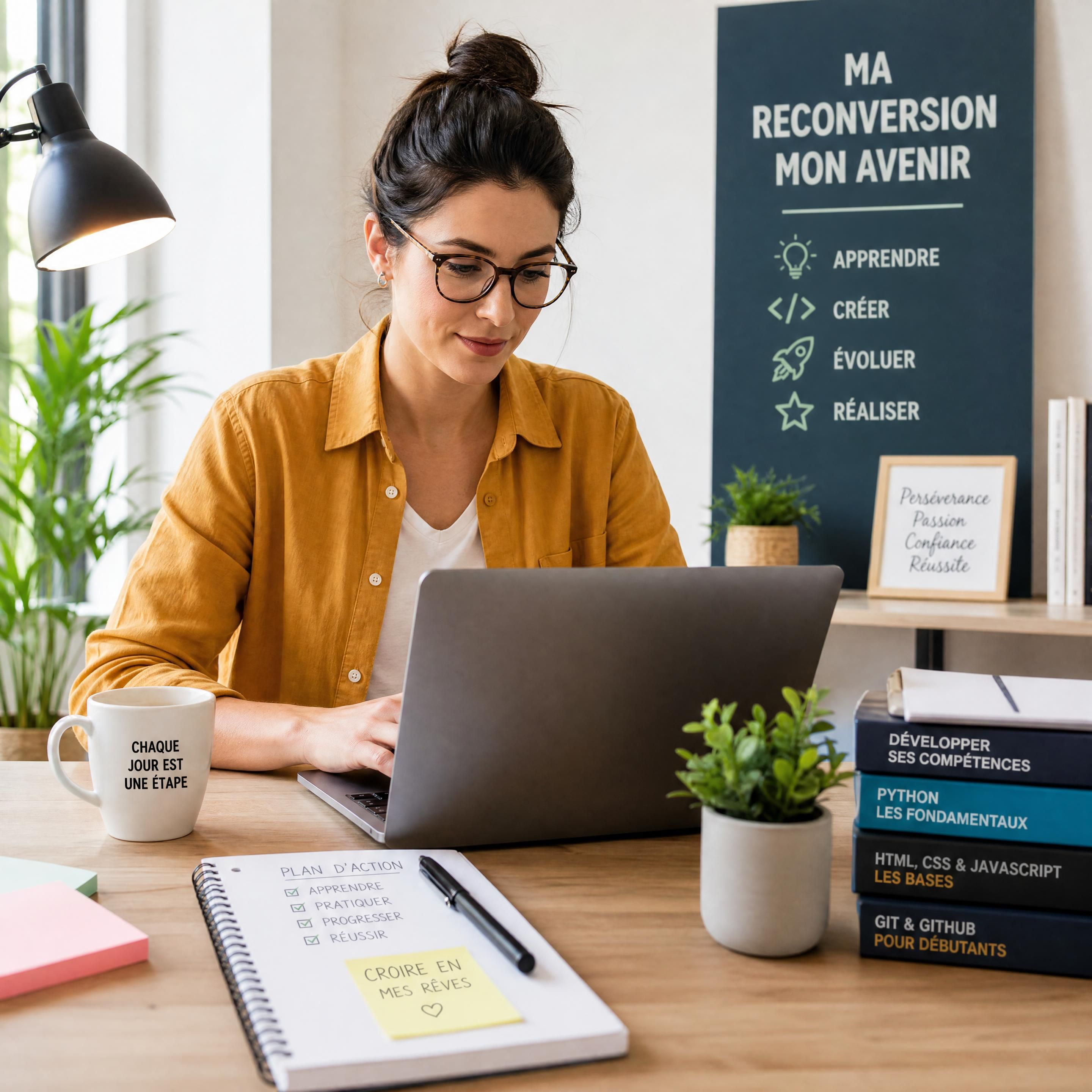 Une professionnelle en pleine reconversion travaillant sur du code informatique sur son ordinateur portable dans un espace de travail lumineux