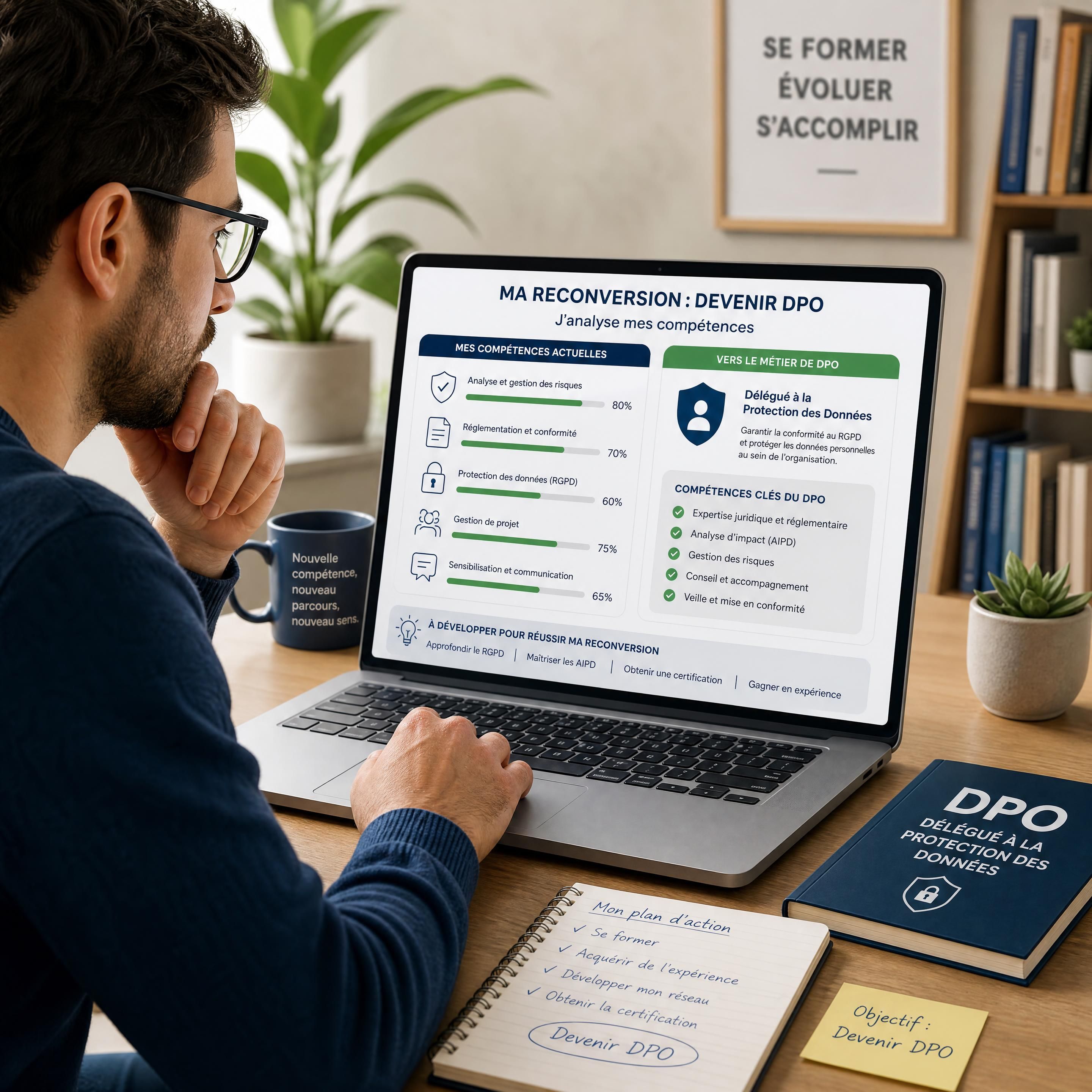 Illustration d'un professionnel en reconversion analysant ses compétences sur un ordinateur pour devenir DPO