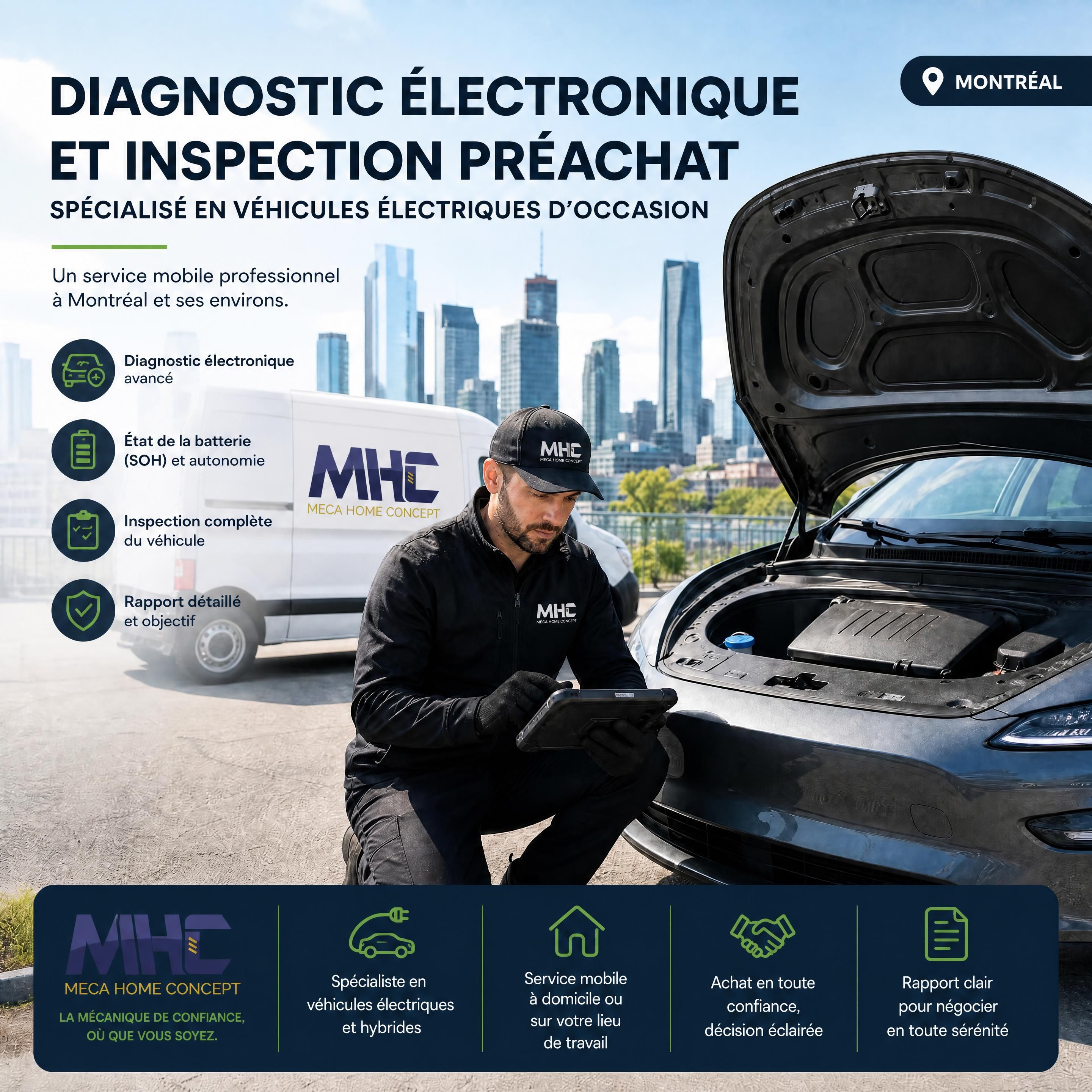Un mécanicien mobile de Meca Home Concept effectuant un diagnostic électronique et une inspection préachat sur une voiture électrique d'occasion à Montréal