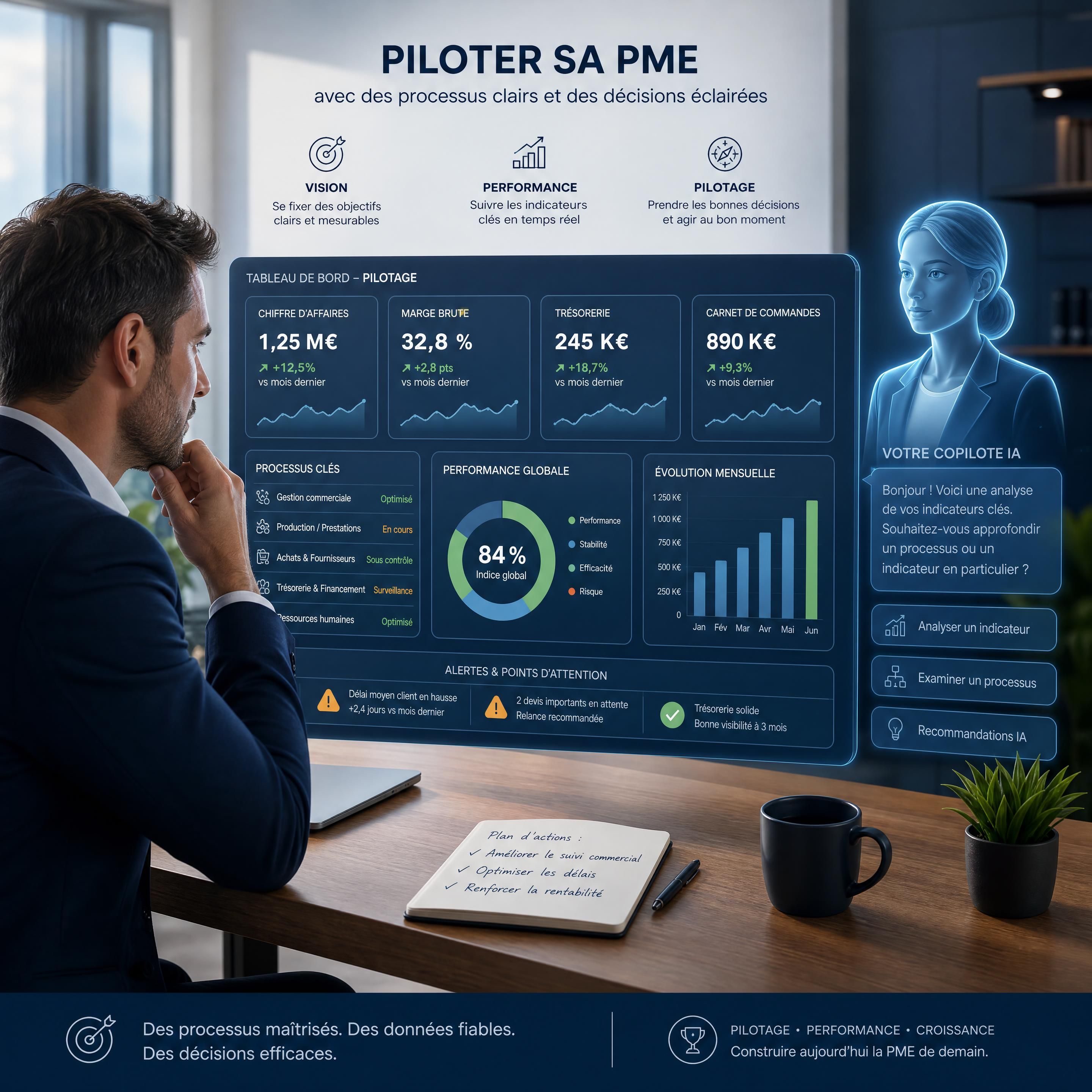 Dirigeant de PME analysant des processus de pilotage sur un tableau de bord numérique avec un copilote IA en arrière-plan