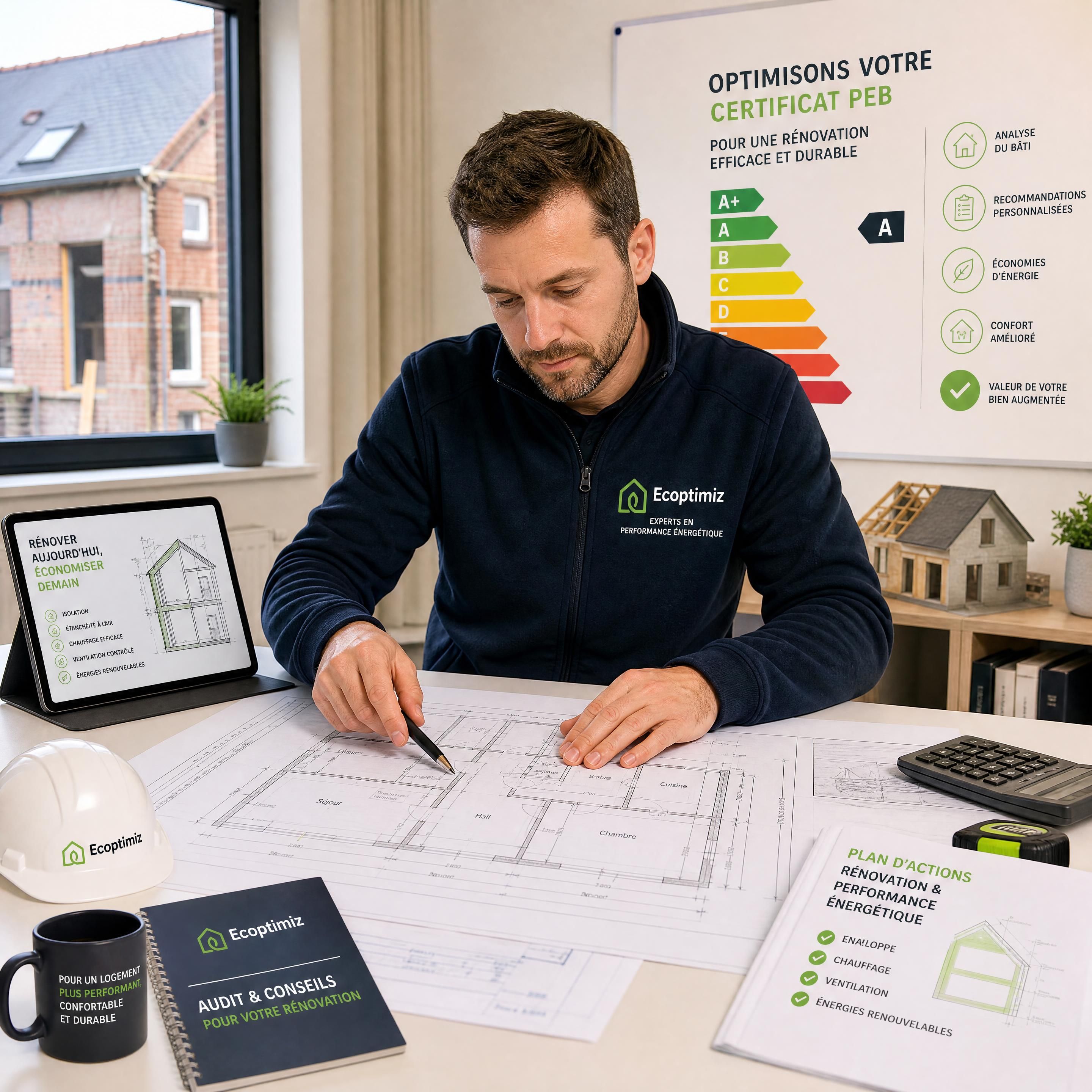 Un expert d'Ecoptimiz en inspection technique, analysant les plans d'un logement belge en rénovation pour optimiser le certificat PEB
