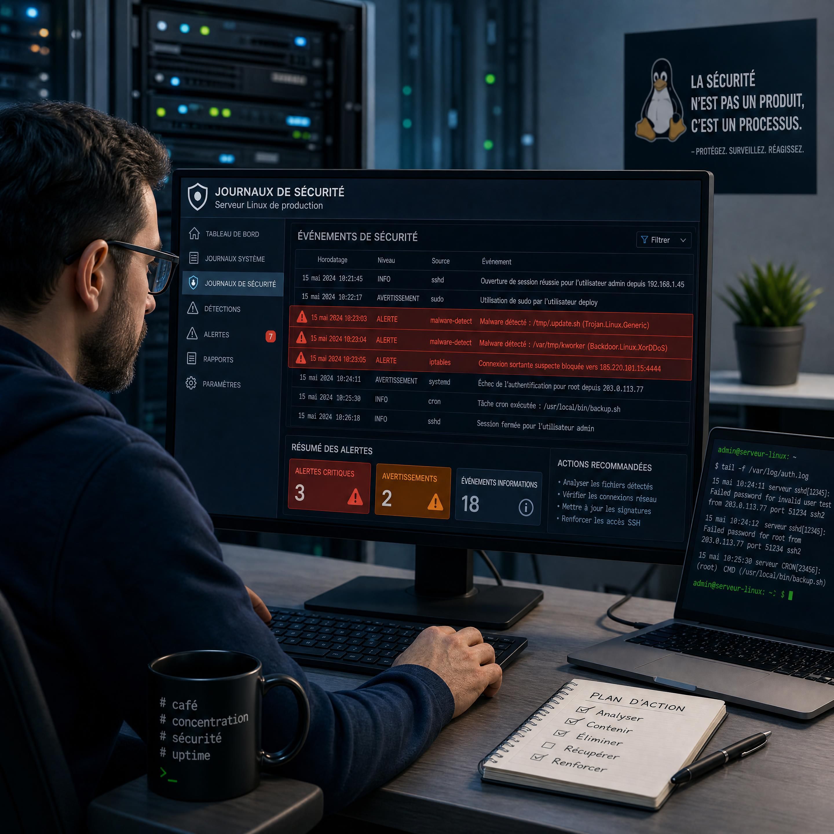Un administrateur système analysant des journaux de sécurité sur un serveur Linux avec des alertes de malware en surbrillance