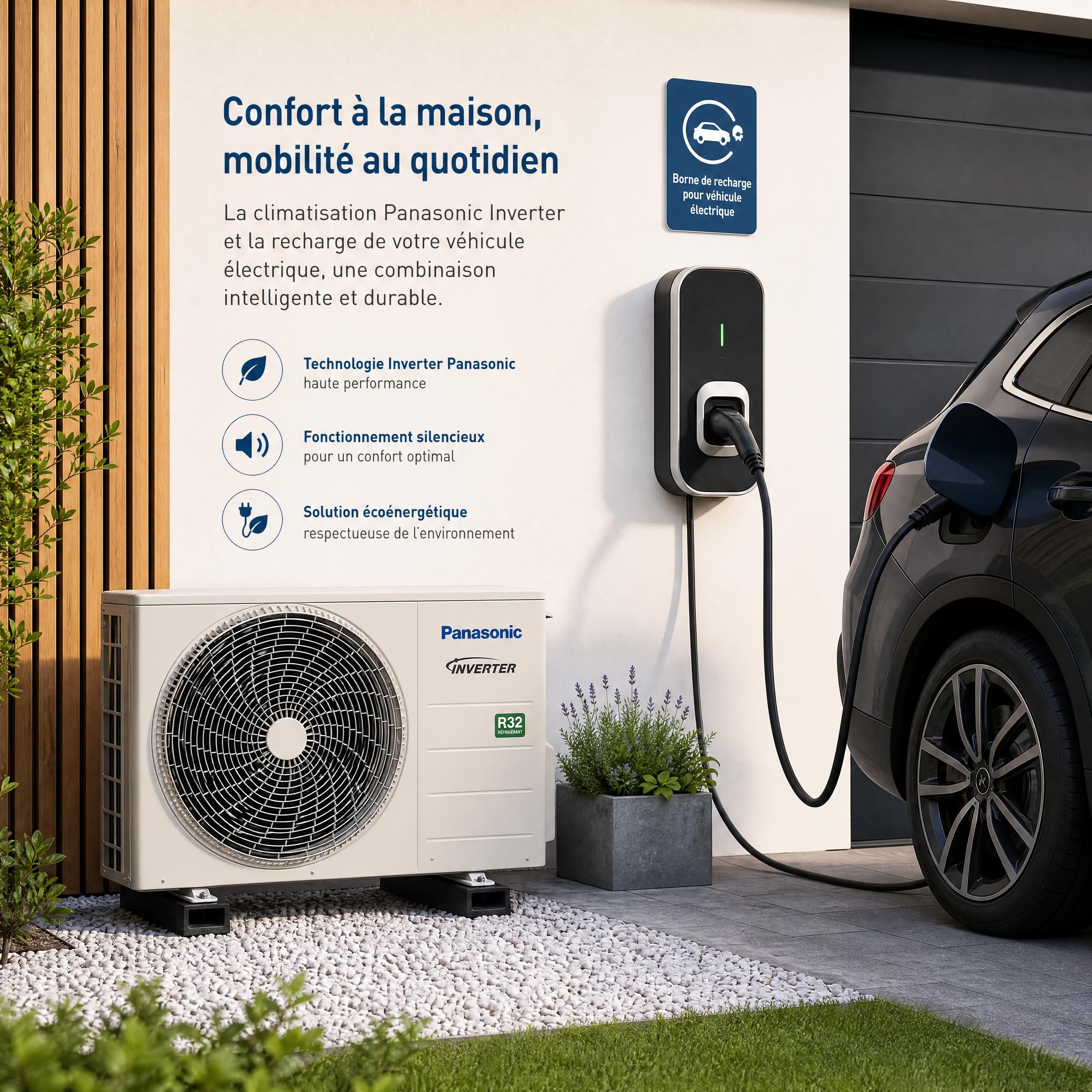 Unité extérieure de climatisation Panasonic Inverter installée à côté d'une borne de recharge de voiture électrique