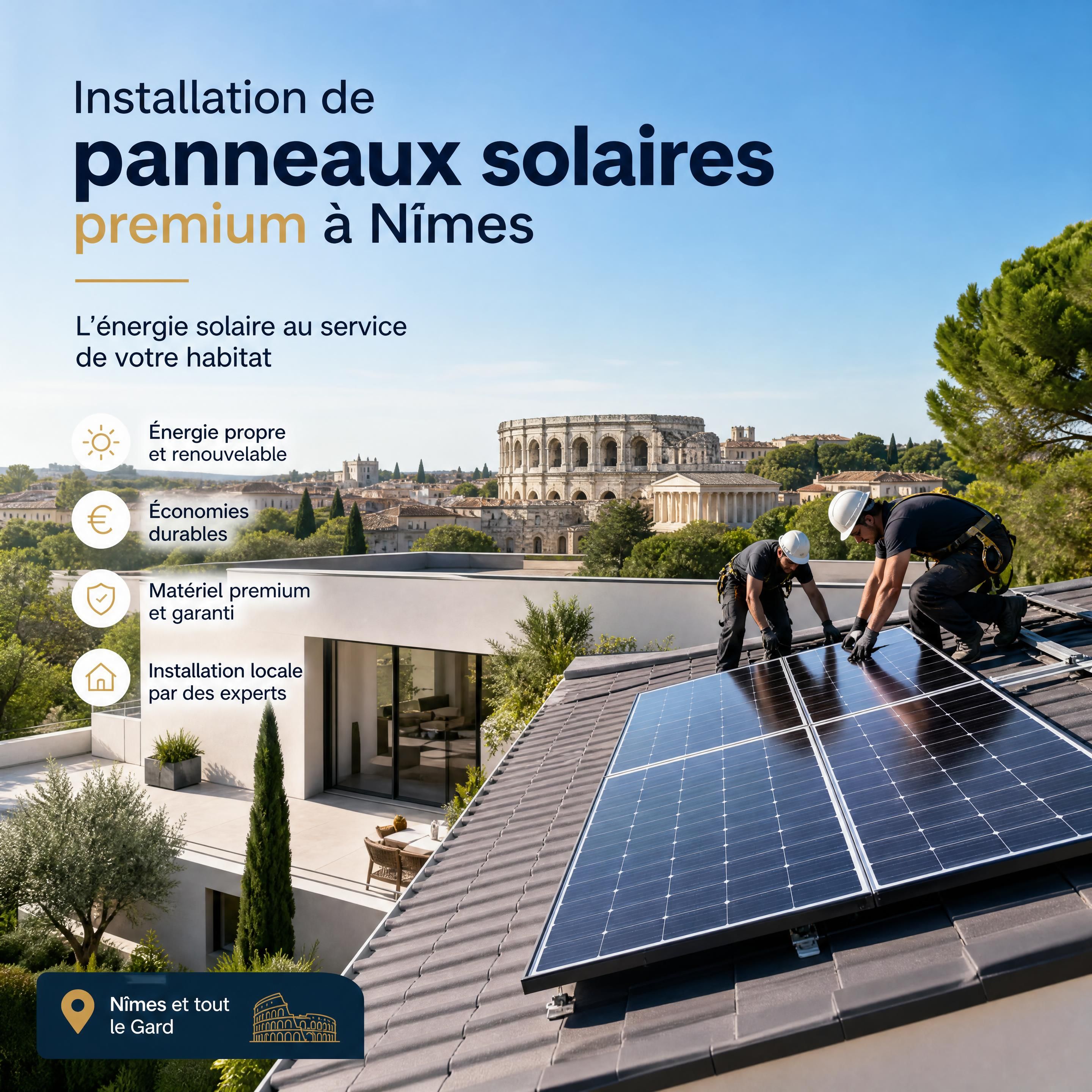 Installation de panneaux solaires premium sur le toit d'une maison contemporaine à Nîmes sous un ciel bleu azur