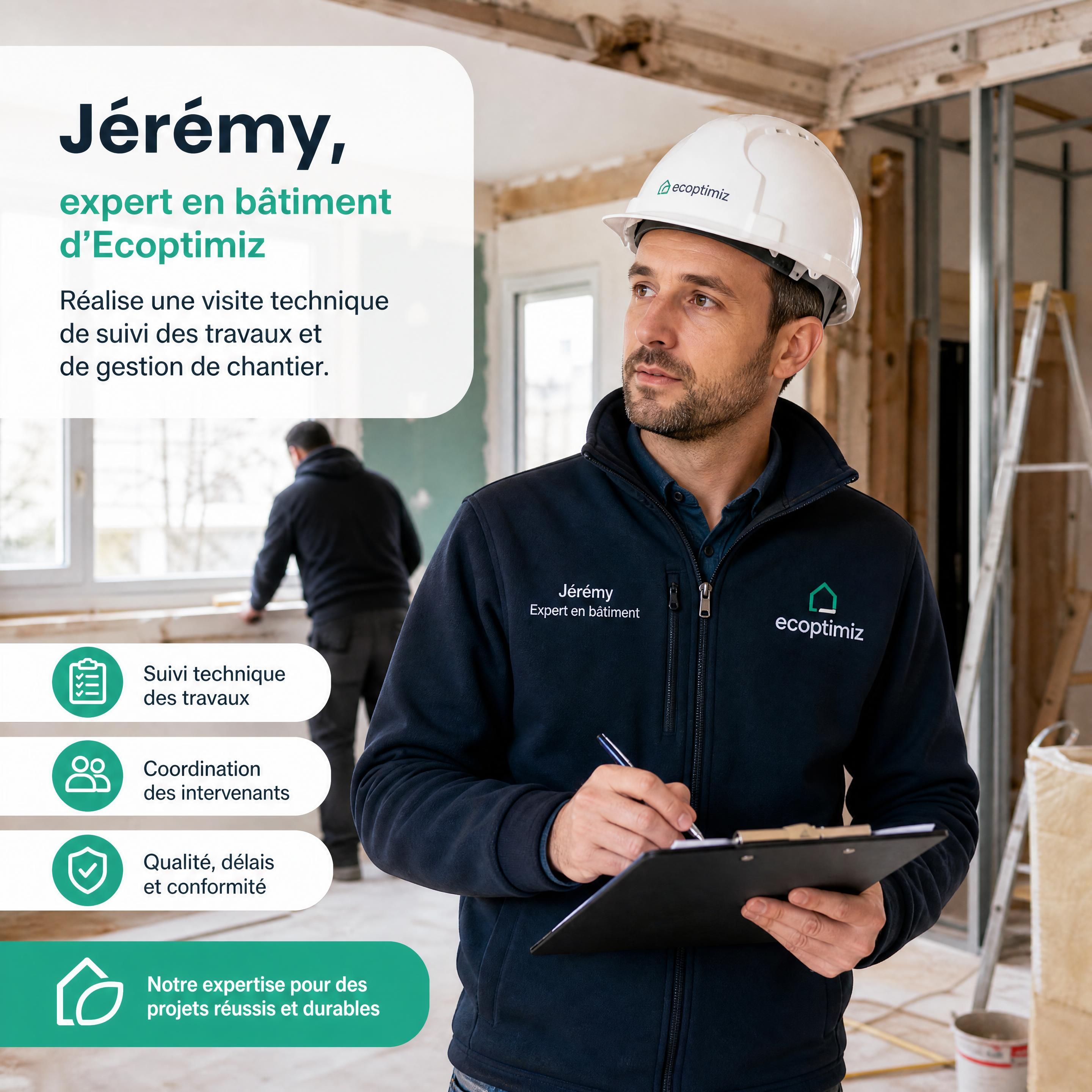 Jérémy, expert en bâtiment d'Ecoptimiz, réalisant une visite technique de suivi des travaux et de gestion de chantier