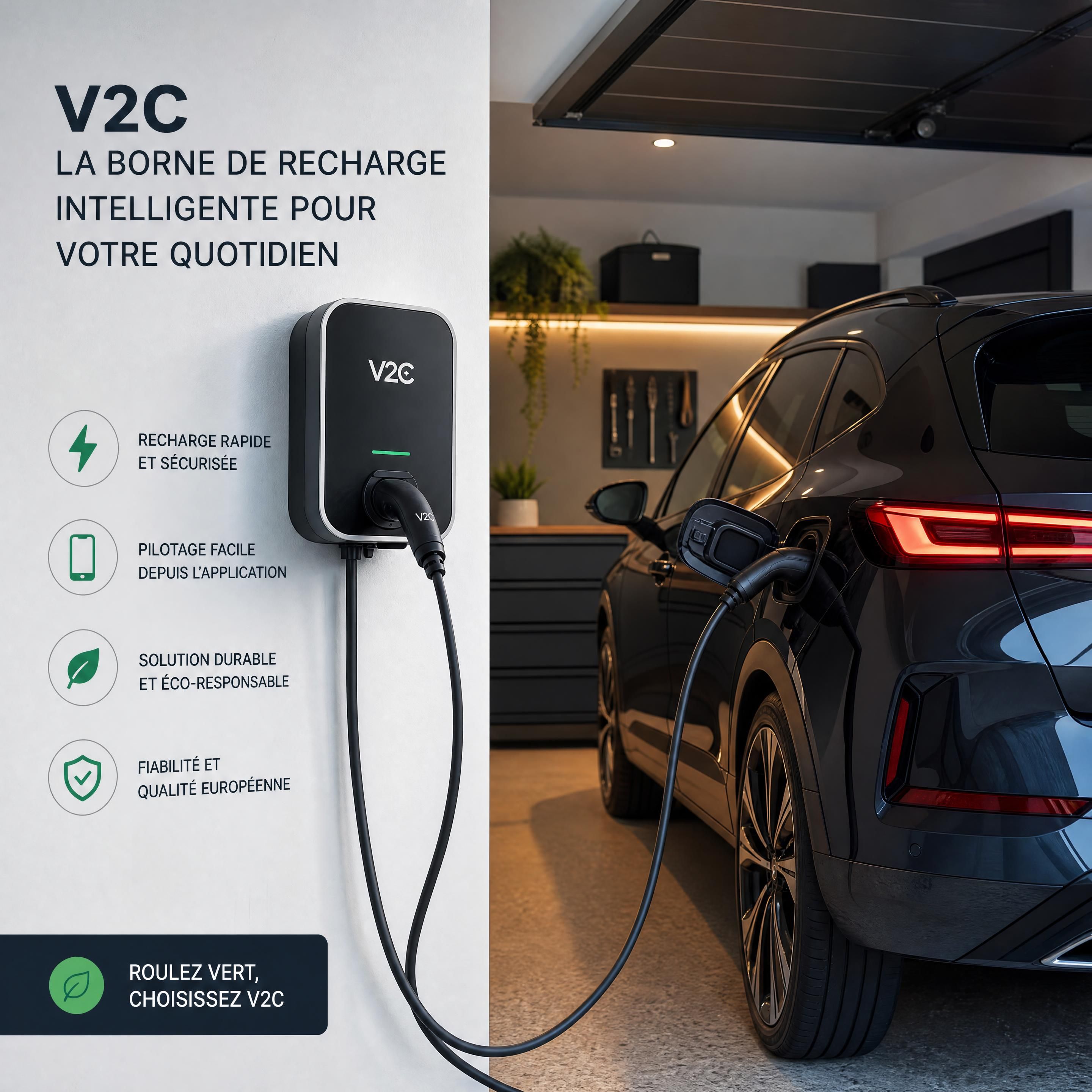 Borne de recharge électrique V2C installée dans un garage moderne à côté d'un véhicule électrique en cours de charge