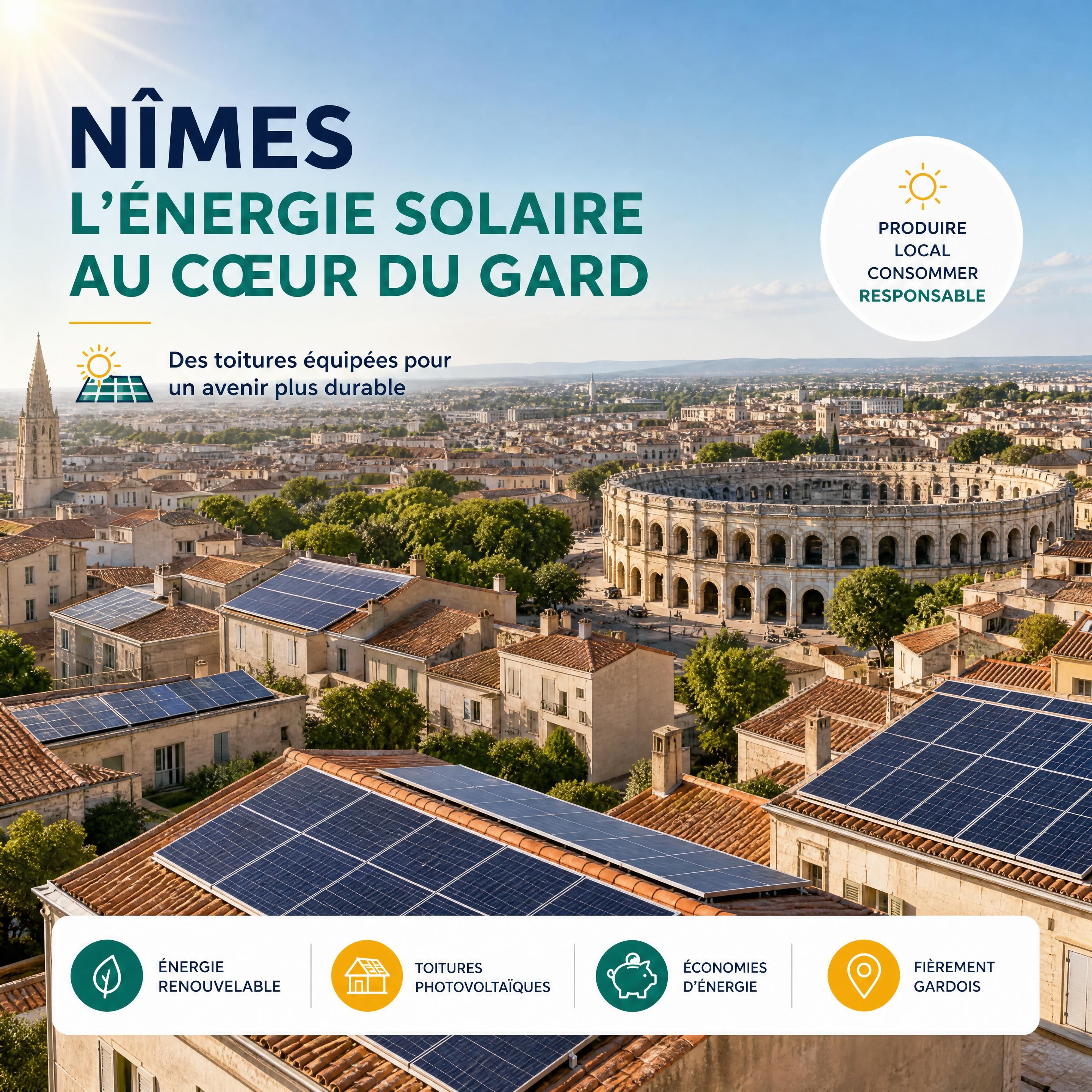 Vue aérienne de la ville de Nîmes montrant des toitures équipées de panneaux photovoltaïques sous le soleil du Gard