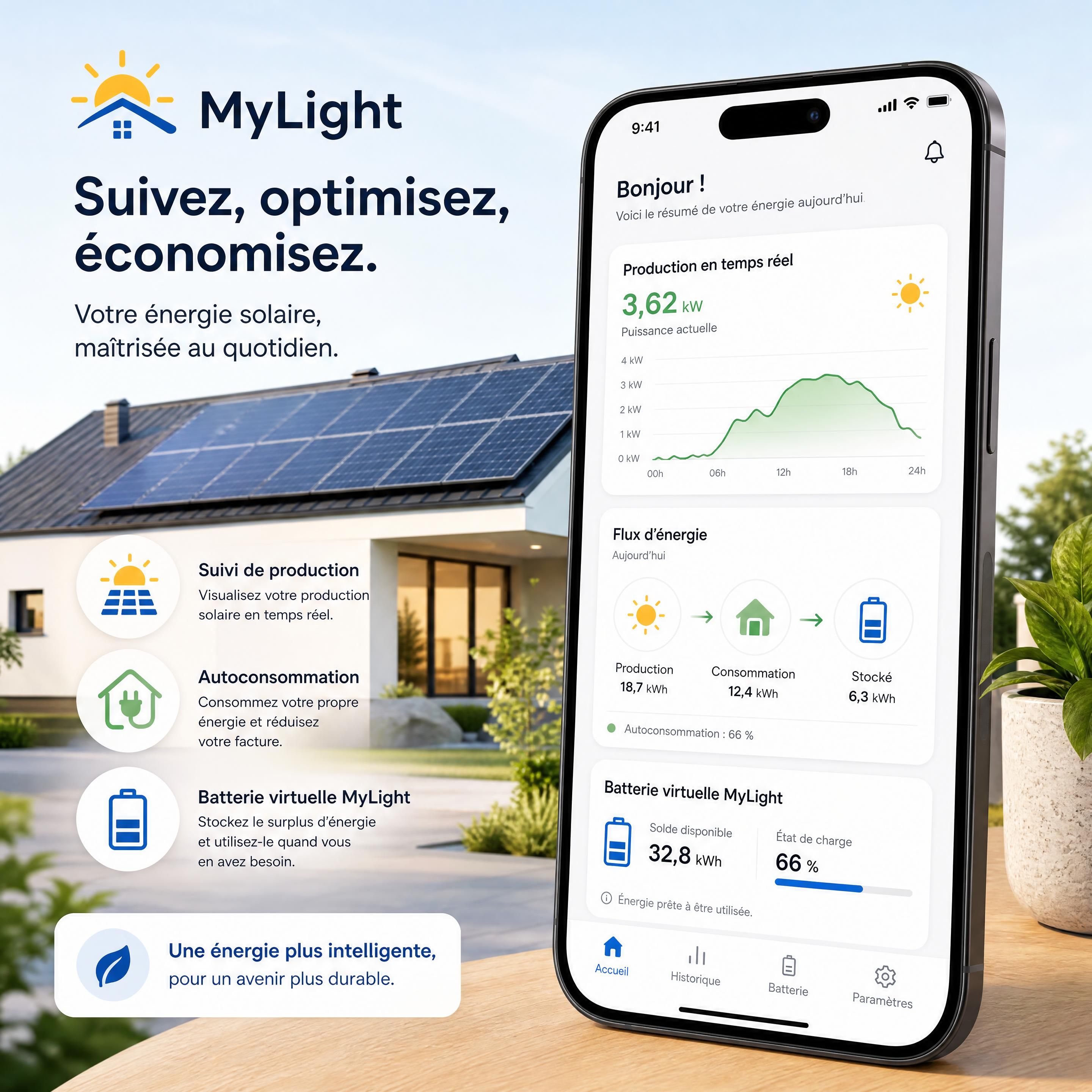 Application mobile de suivi de production d'autoconsommation solaire et de gestion de batterie virtuelle MyLight