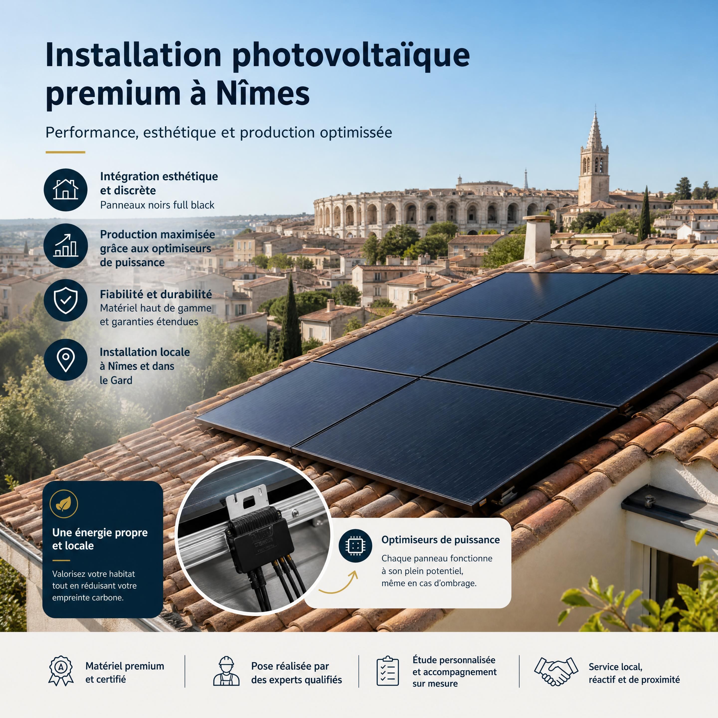 Installation photovoltaïque premium de panneaux solaires sur un toit nîmois avec intégration esthétique et optimiseurs de puissance