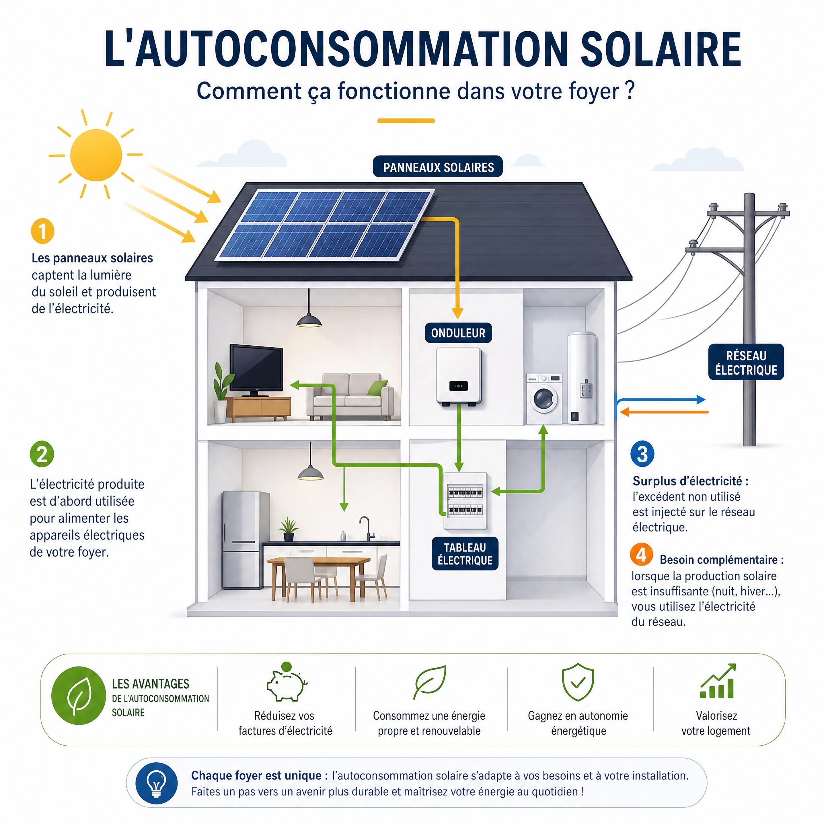 Schéma explicatif simplifié du fonctionnement de l'autoconsommation solaire dans un foyer