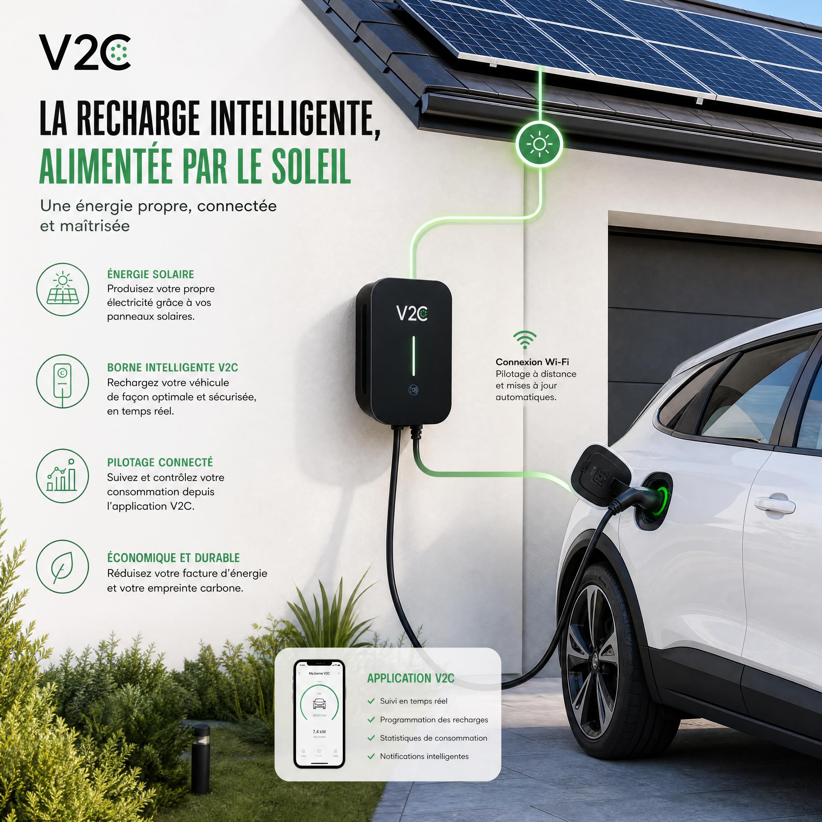 Borne de recharge électrique intelligente V2C connectée aux panneaux solaires