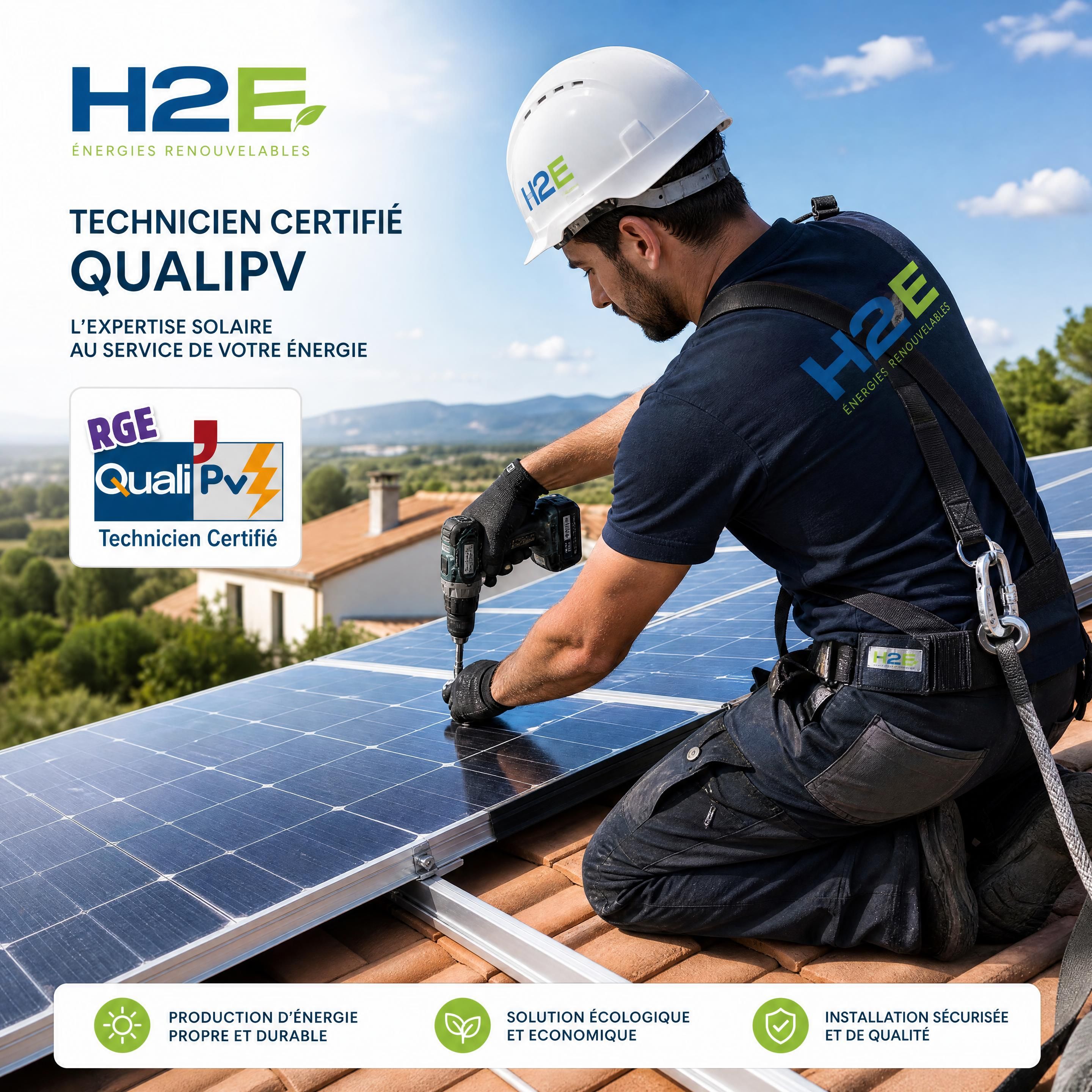 Technicien certifié QualiPV de H2E installant des panneaux photovoltaïques