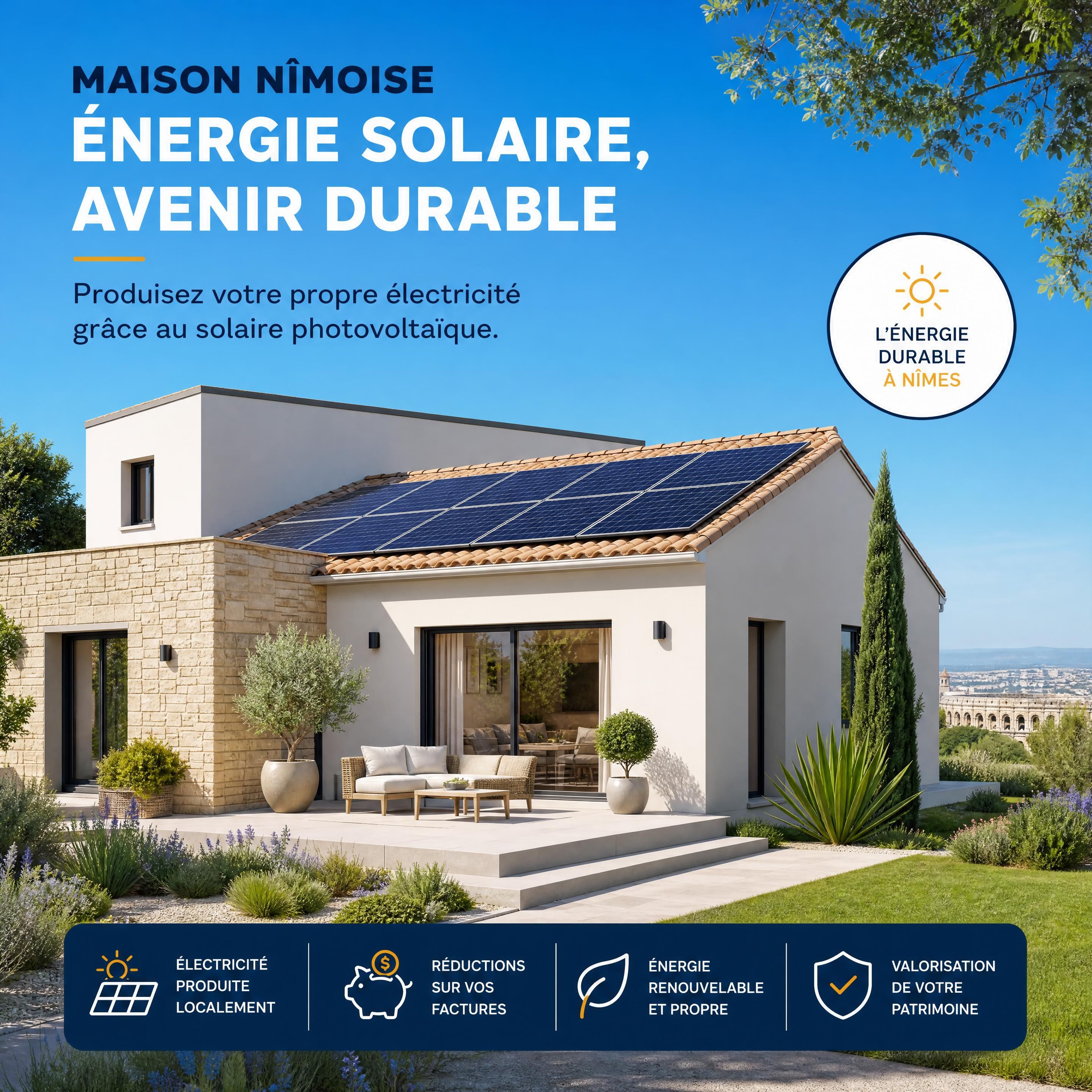 Une maison nîmoise moderne équipée de panneaux solaires photovoltaïques sous un ciel bleu azur
