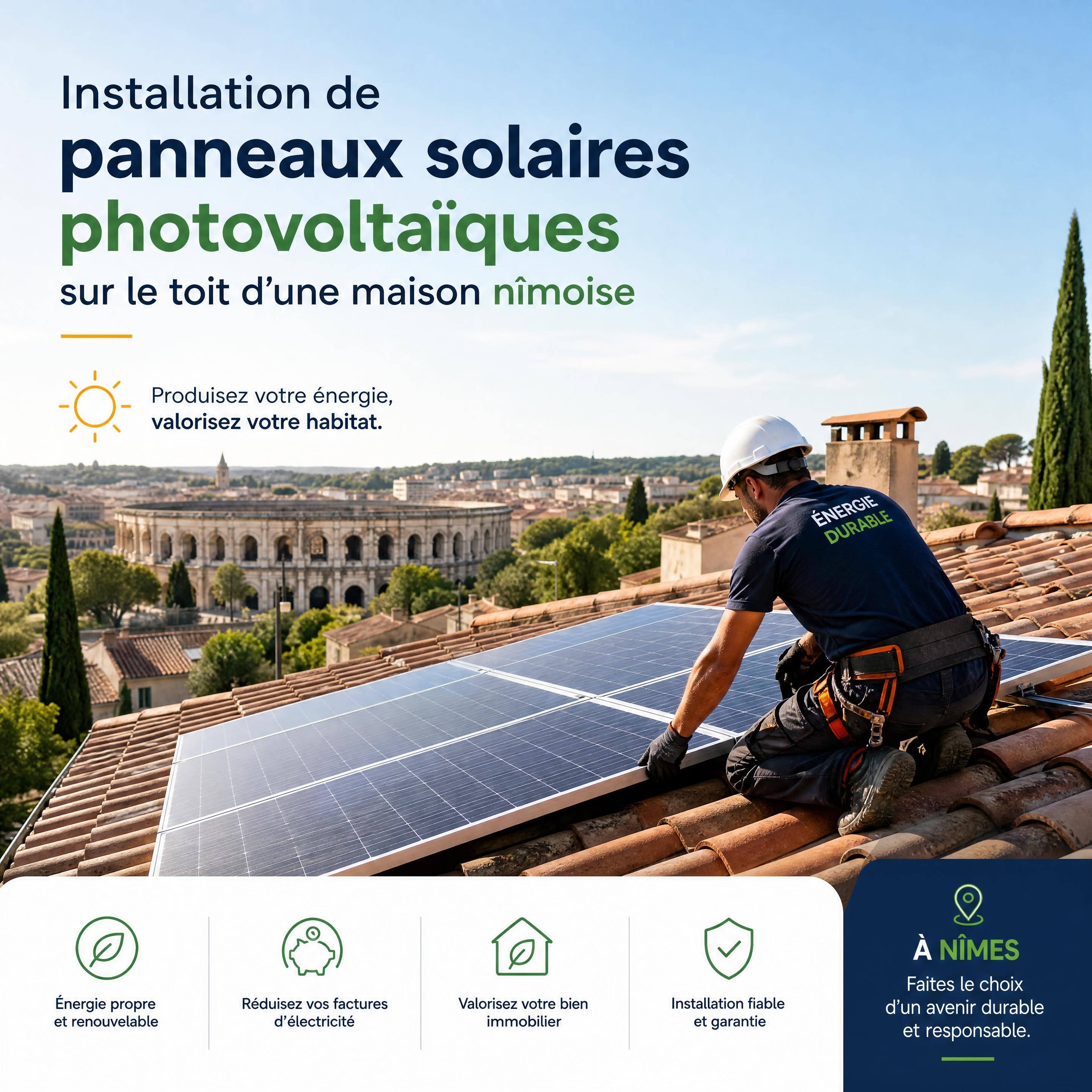 Installation de panneaux solaires photovoltaïques sur le toit d'une maison nîmoise