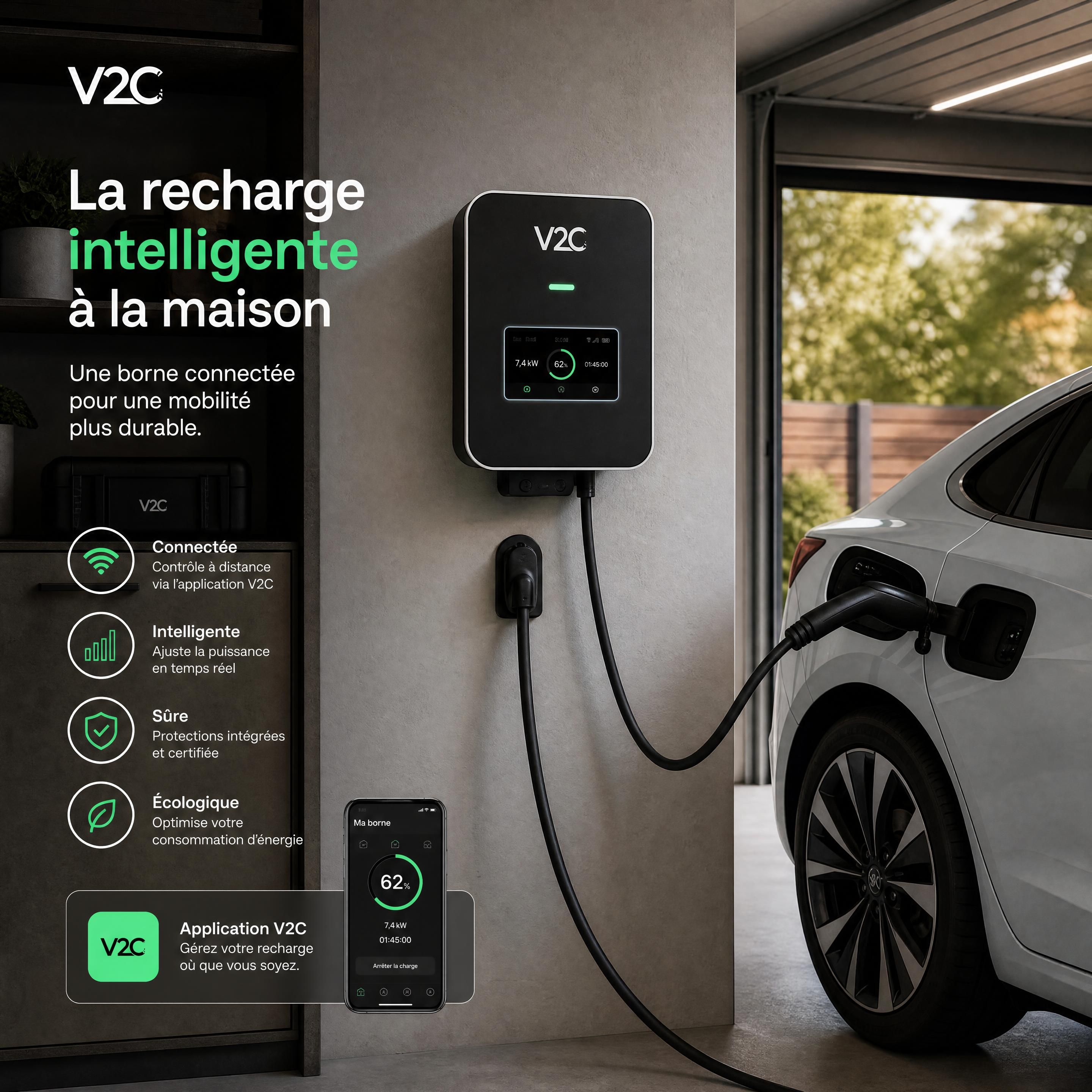 Une borne de recharge électrique intelligente V2C installée dans un garage, connectée à une voiture électrique