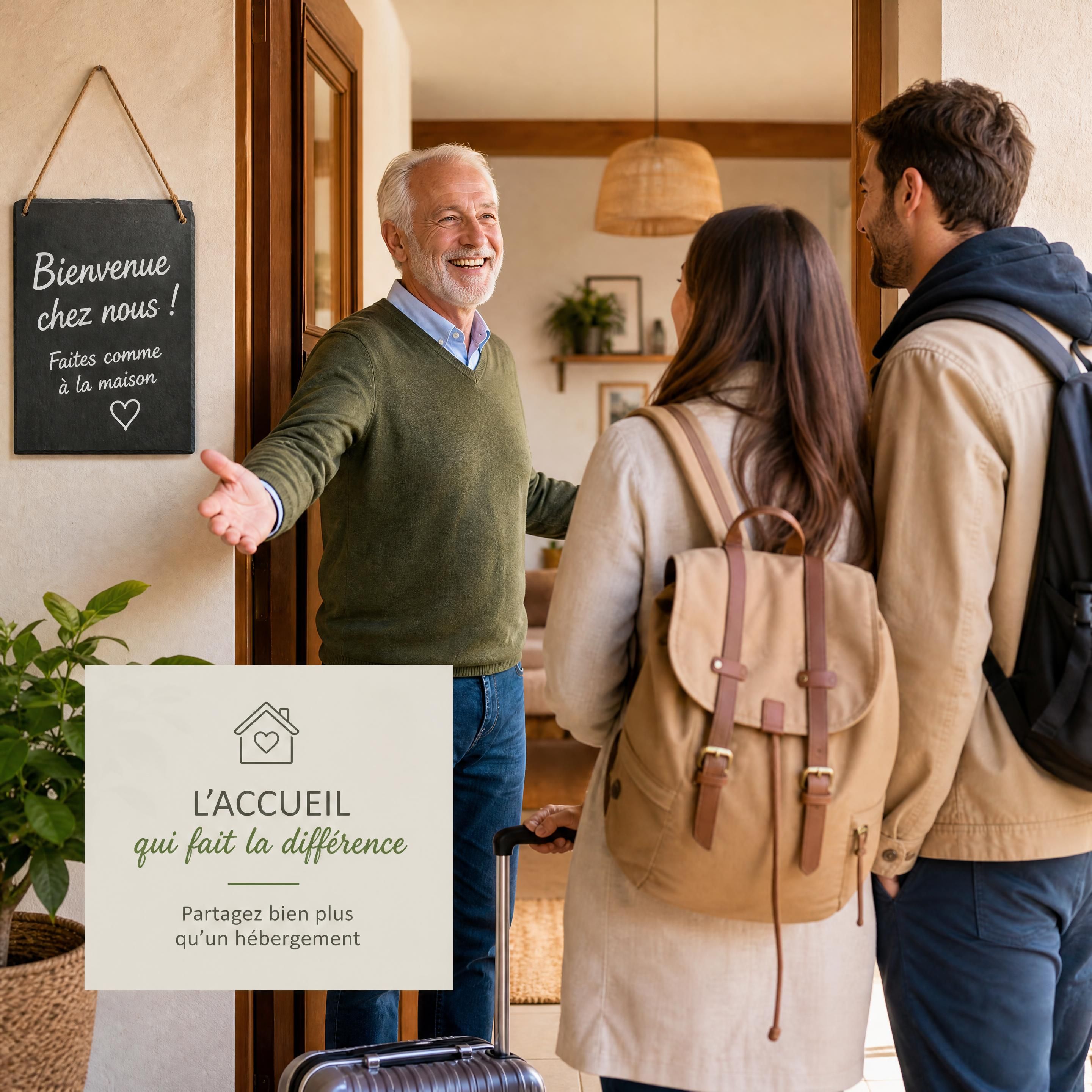 Un propriétaire senior souriant accueillant des voyageurs dans sa maison chaleureuse