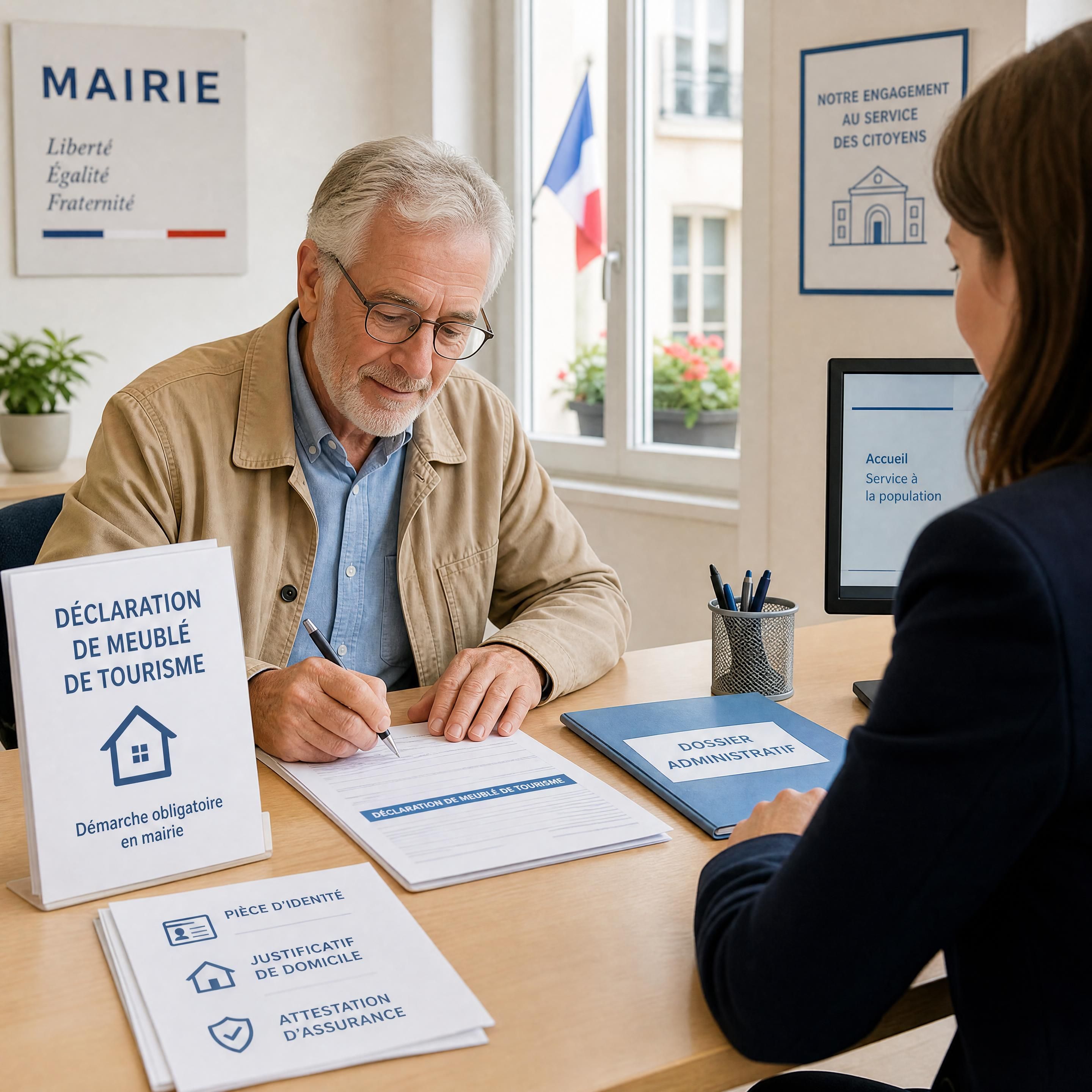 Propriétaire senior remplissant une déclaration de meublé de tourisme en mairie avec des documents administratifs