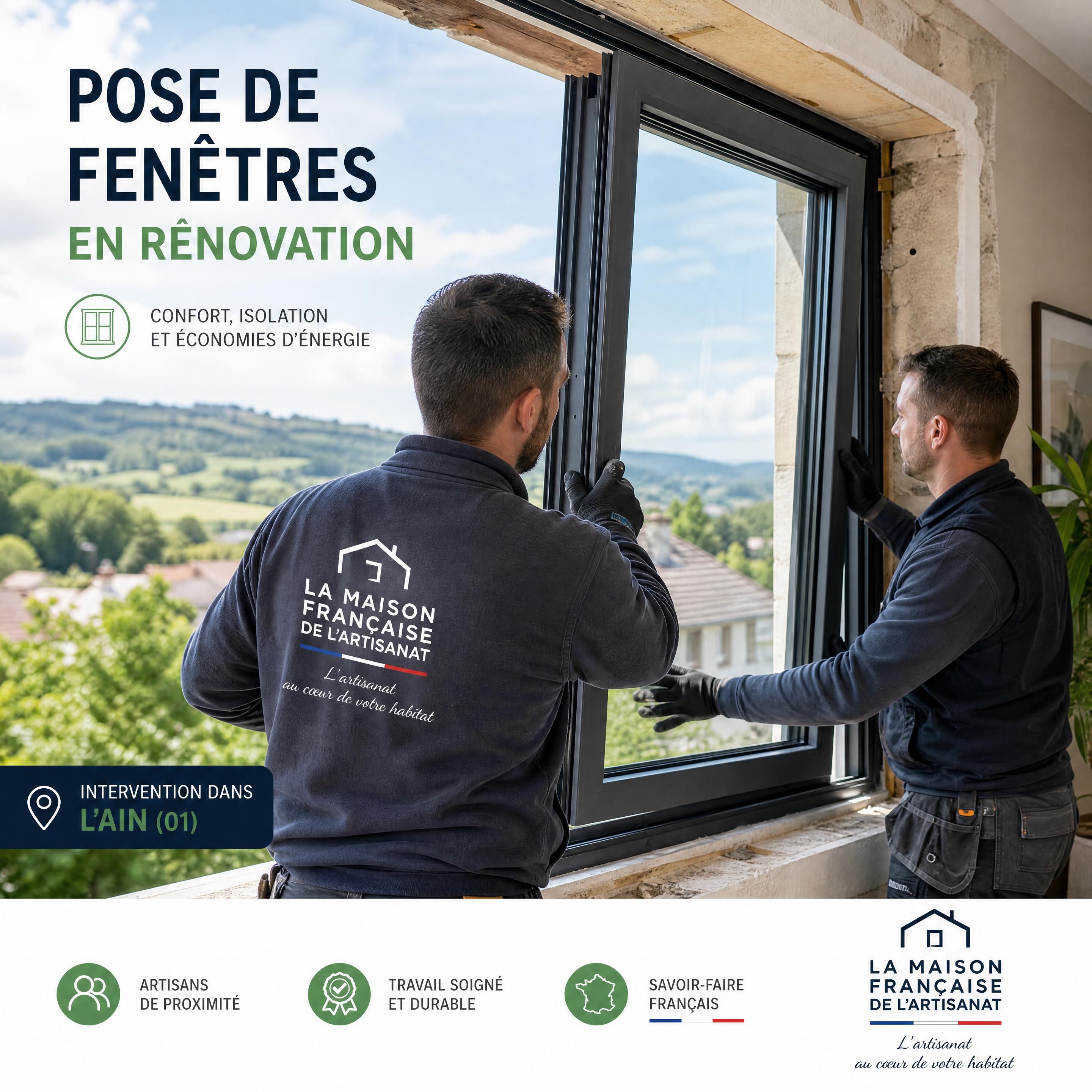 Pose de fenêtres en rénovation par des artisans de la Maison Française de l'Artisanat dans l'Ain