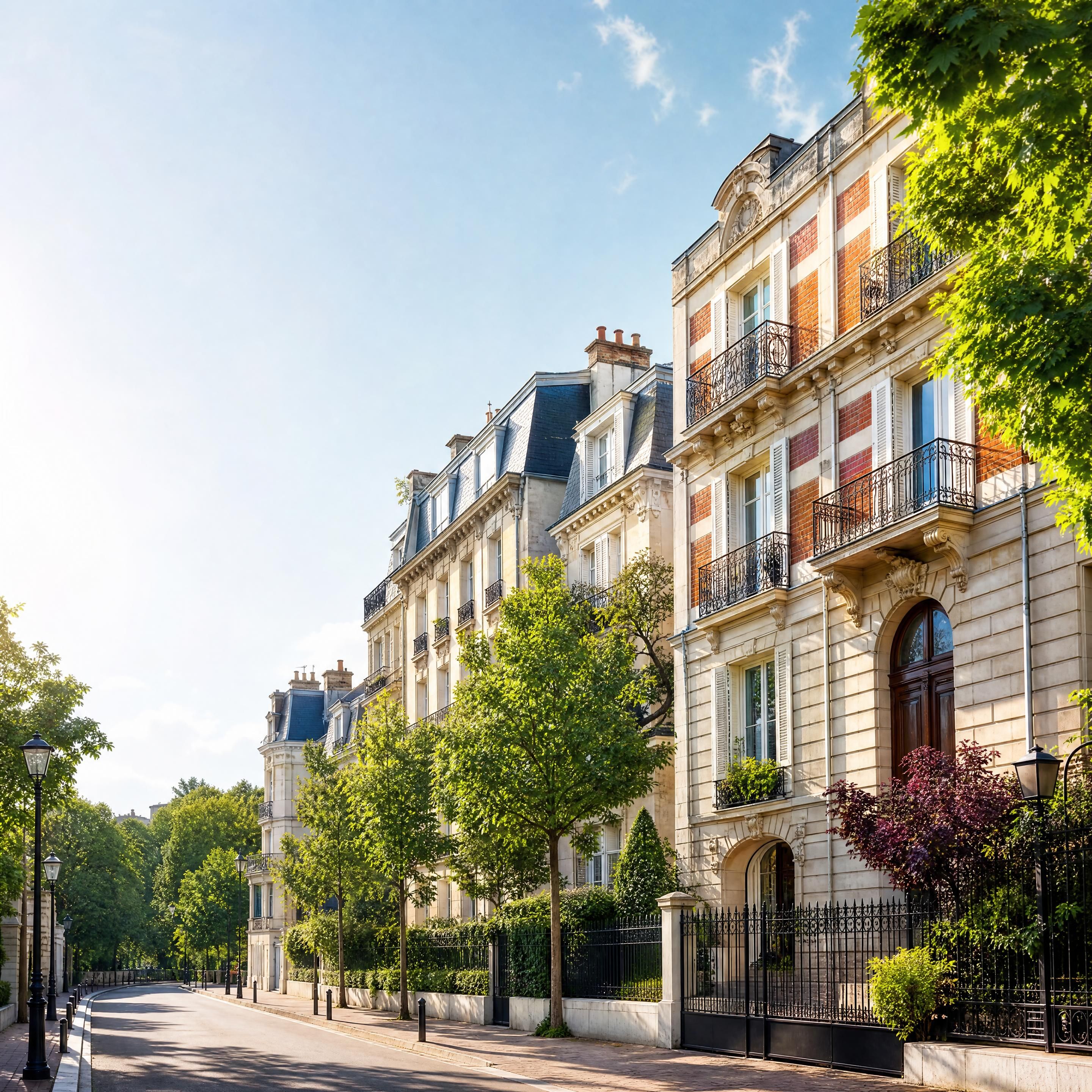 Rue résidentielle élégante d’Asnières-sur-Seine avec immeubles de caractère, arbres urbains et ambiance de quartier lumineuse, espace libre sur la gauche, sans texte ni logo